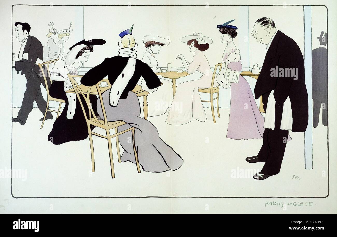 WEISSES ALBUM MIT ORANGEFARBENEM EISPALAST SEM (1861-1934). "Album blanc à cachet orange - Palais de Glace". Lithographie couleur, 1901. Paris, musée Carnavalet. Stockfoto