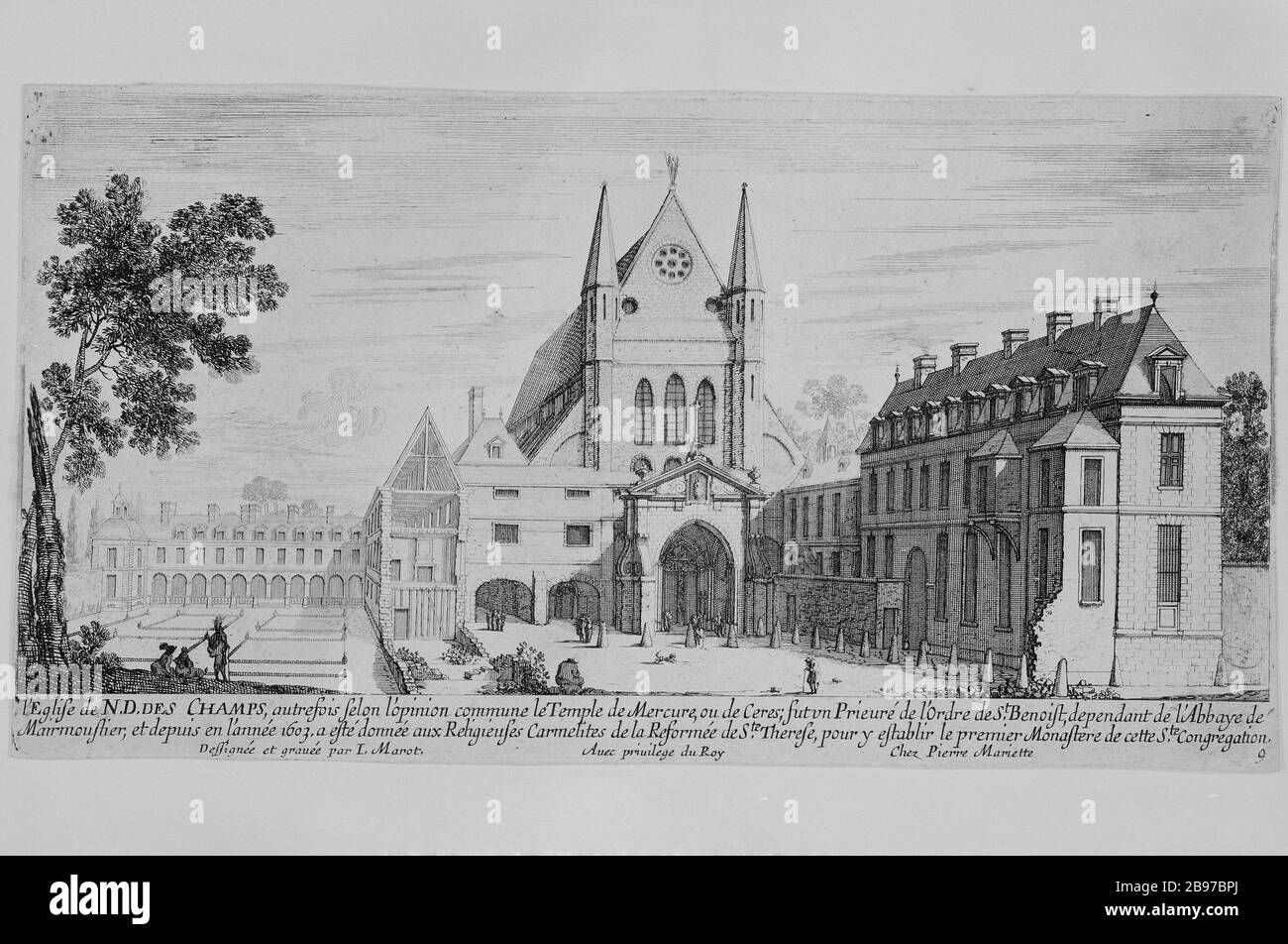 KIRCHE NOTRE-DAME-des-CHAMPS, PARIS Jean Marot et Pierre Mariette. "L'Eglise Notre-Dame-des-Champs, Paris (VIIème arr.)". Eau-forte, 1727. Paris, musée Carnavalet. Stockfoto