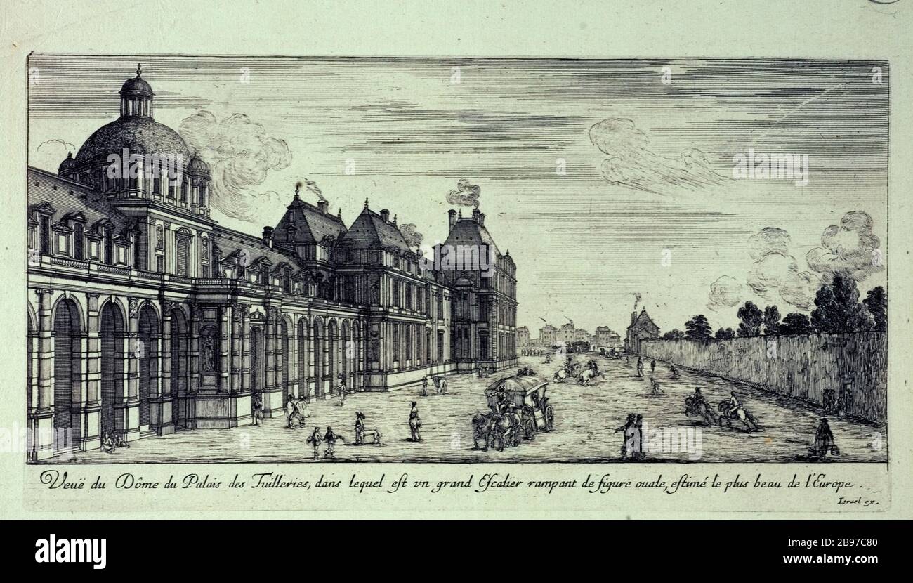 BLICK VON DER KUPPEL DES KACHELPALASTES, IN DEM EINE GROSSE TREPPE KRABBELT, UM OVAL ZU SEIN, SAGT DER SCHÖNSTE EUROPAS JEAN MAROT D'APRÈS ISRAËL SILVESTRE. "Vue du Dôme du Palais des Tuileries dans lequel est un Grand eskaler de figure ovale, estimé le plus beau de l'Europe". Eau-forte, 1650-1655. Paris, musée Carnavalet. Stockfoto