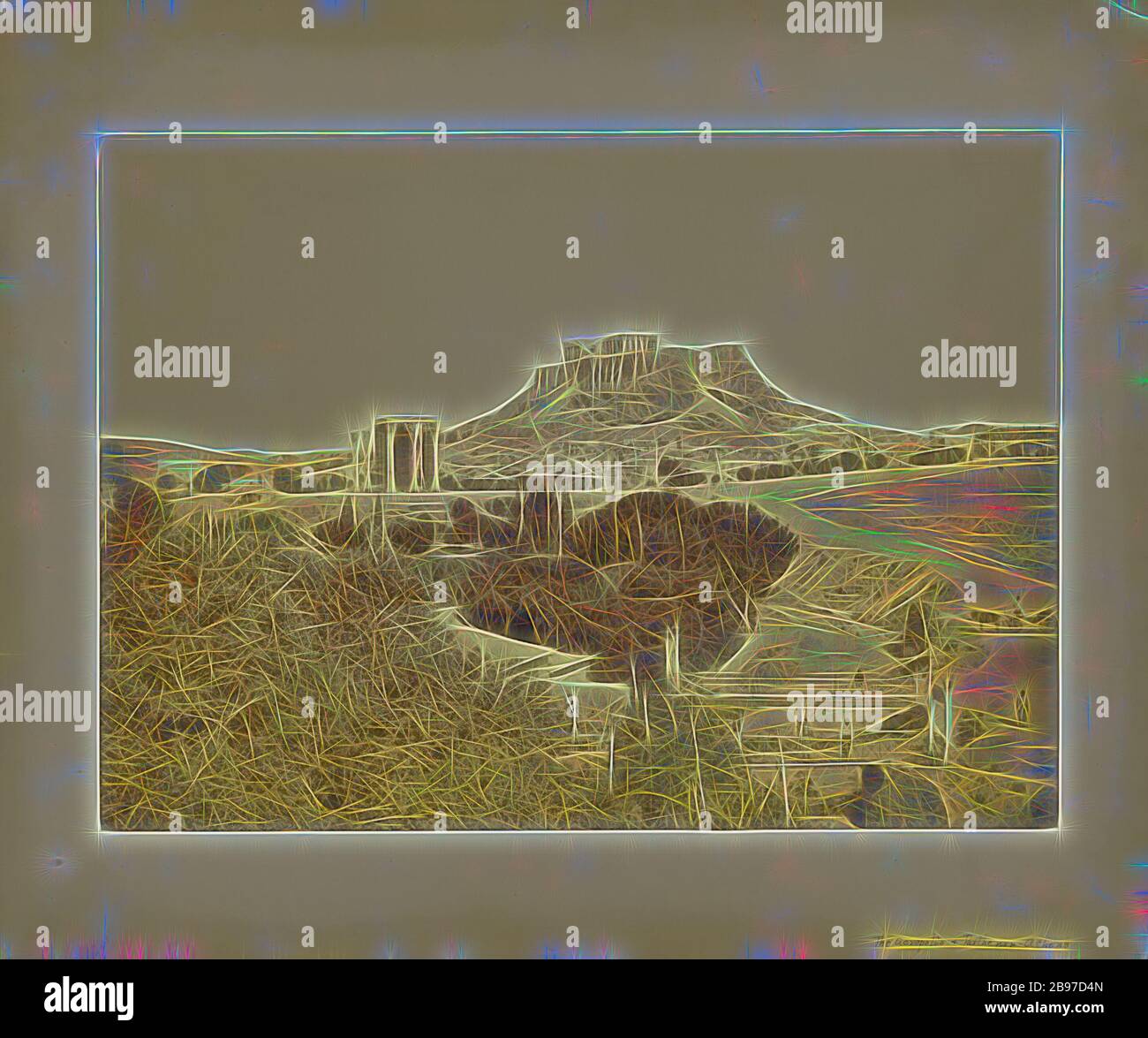 Die Akropolis aus dem Südosten, Athen, Petros Moraites (Griechisch, ca. 185-1905), 1870, Albumen Silberdruck, 36,5 x 50,5 cm (14 3/8 x 19 7/8 in.), von Gibon neu gestaltet, Design von warmem, fröhlichem Leuchten von Helligkeit und Lichtstrahlen. Klassische Kunst mit moderner Note neu erfunden. Fotografie, inspiriert vom Futurismus, die dynamische Energie moderner Technologie, Bewegung, Geschwindigkeit und Kultur revolutionieren. Stockfoto