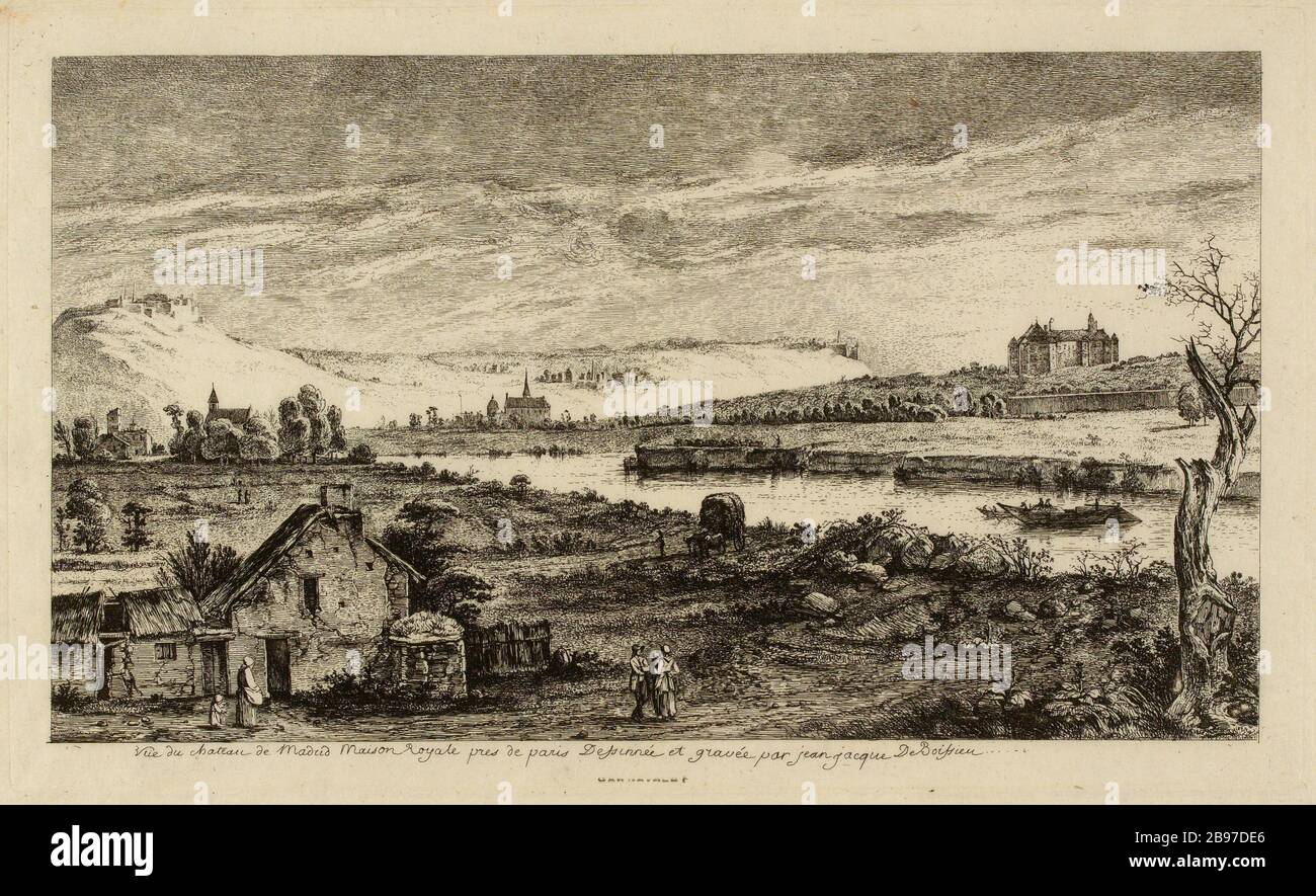 Blick vom Schloss des Madrider Königshauses bei Paris dessinnée und eingraviert von JeanJacque DeBoissieu (Aufgeführte Sicherheit (Buchstabe)) Stockfoto