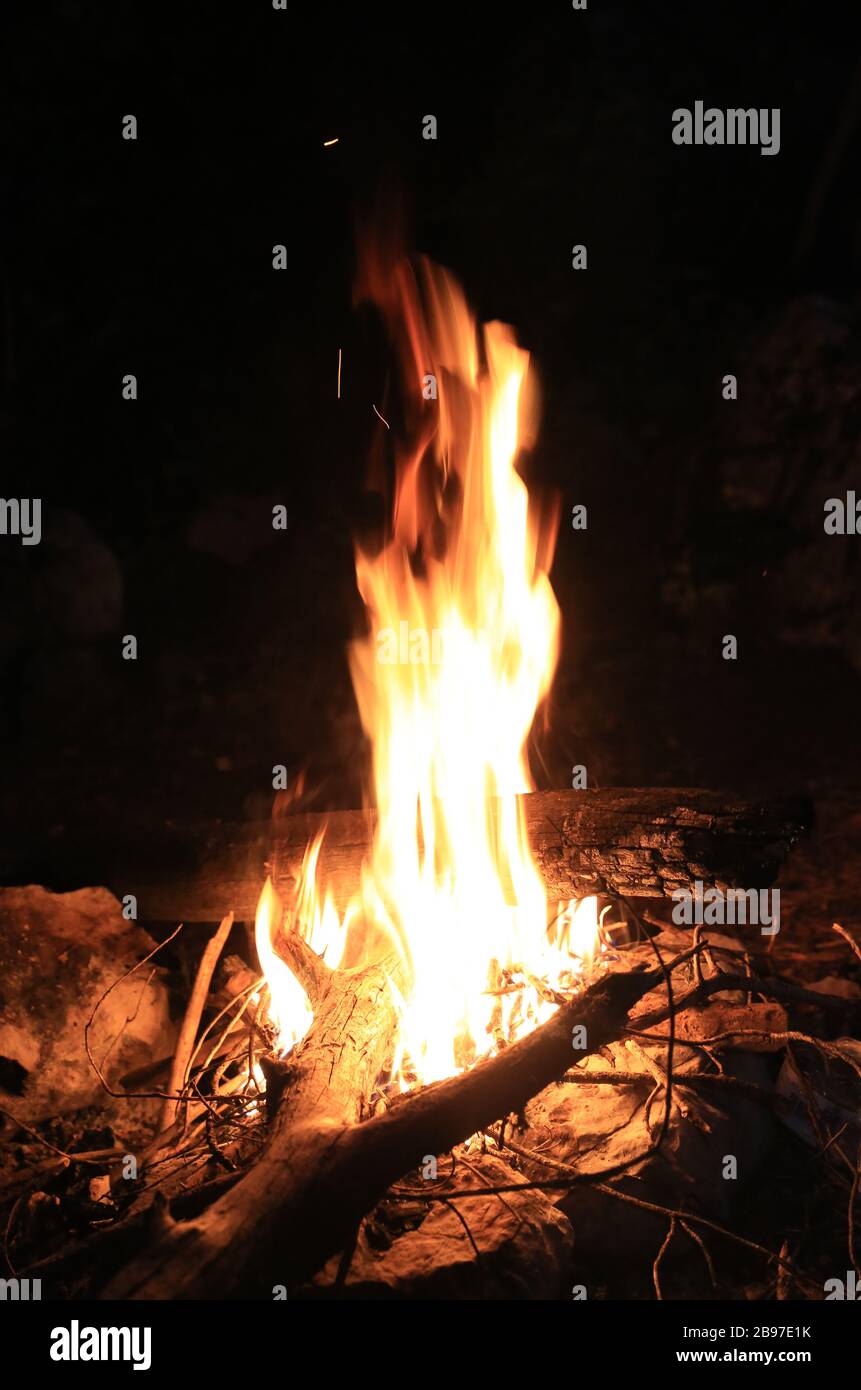 Flamme des Lagerfeuers in der Nacht Stockfoto