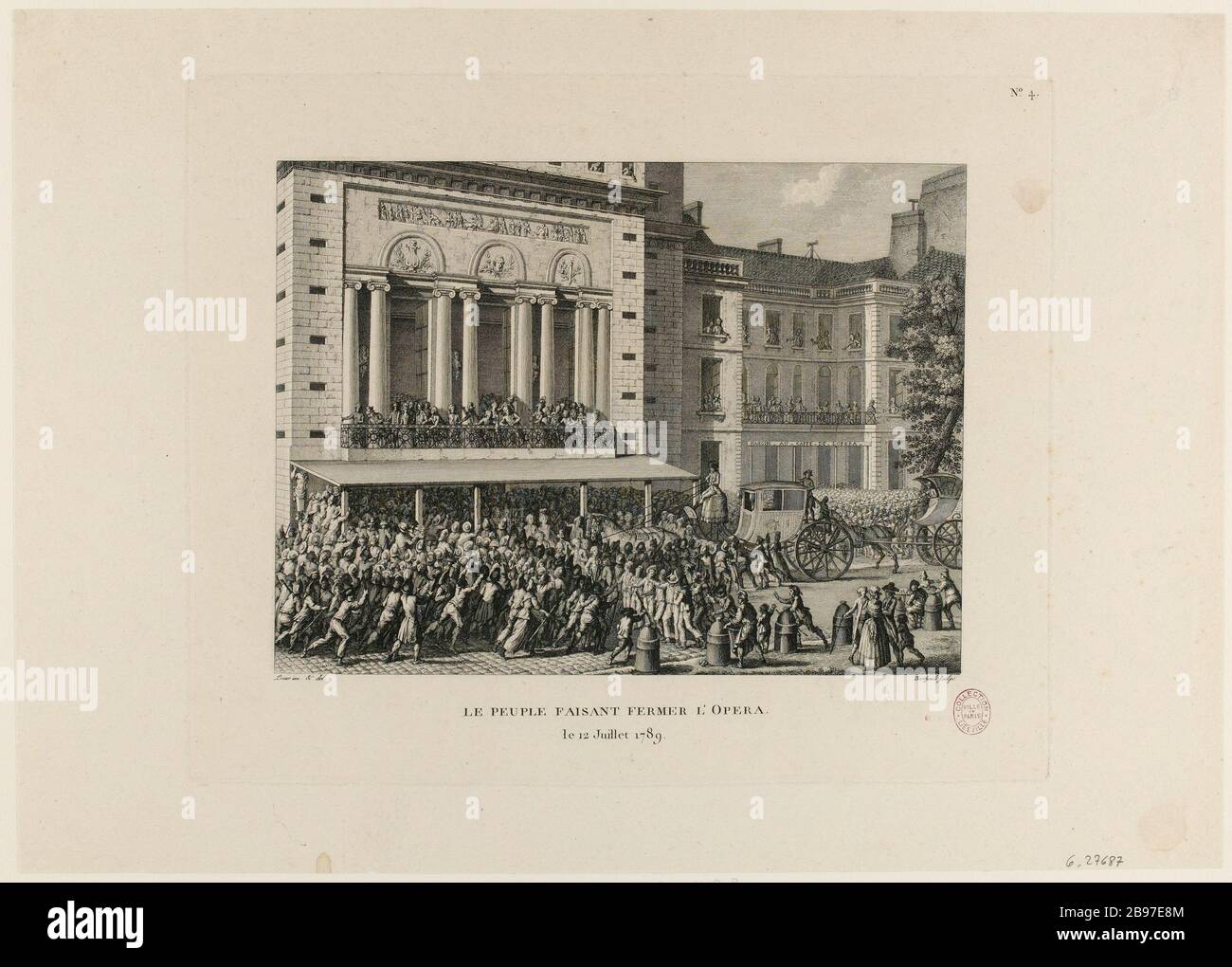 4. Sammlung historischer Gemälde der französischen Revolution (1791-1817). Die Oper, die vom Volk geschlossen wurde, hat die Höflinge am 12. Juli 1789 ausgebuht. (TF) Stockfoto
