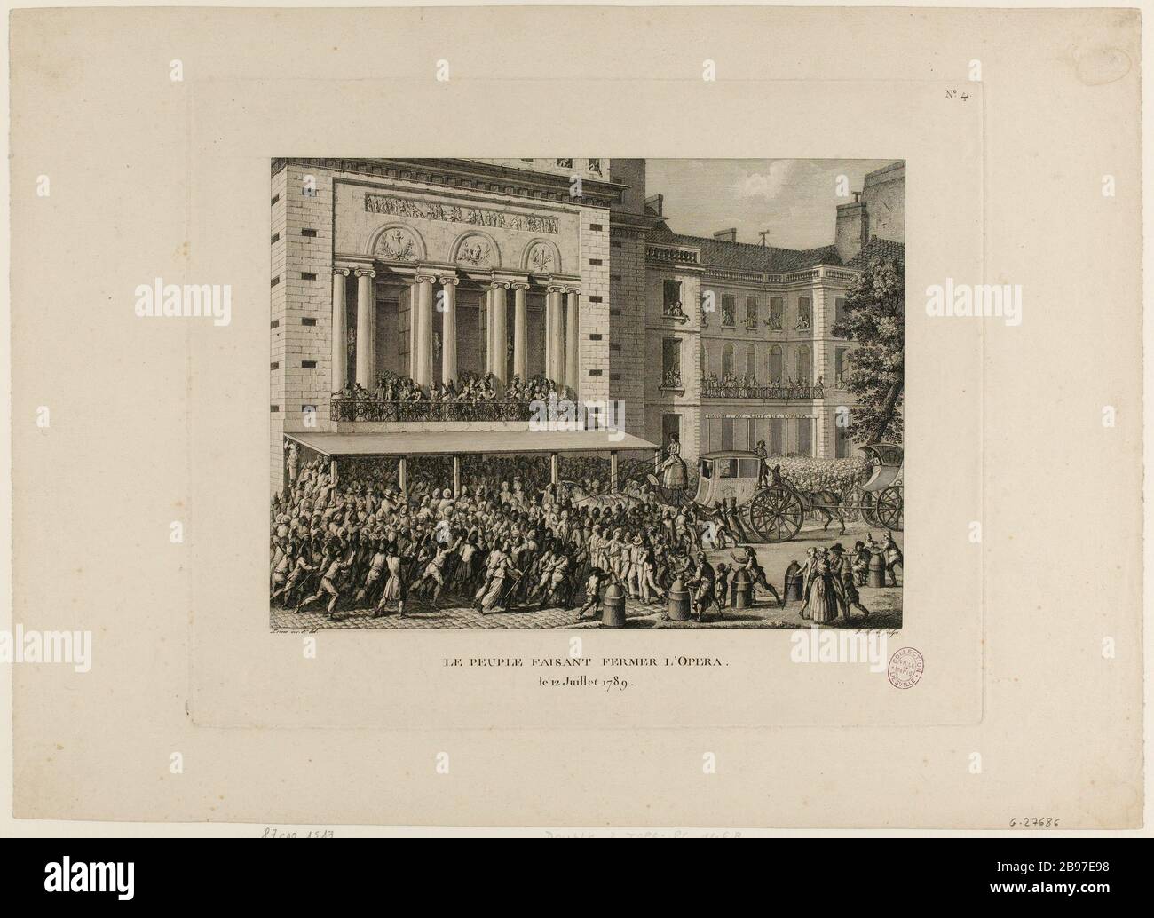 4. Sammlung historischer Gemälde der französischen Revolution (1791-1817). Die Oper, die vom Volk geschlossen wurde, hat die Höflinge am 12. Juli 1789 ausgebuht. (TF) Stockfoto