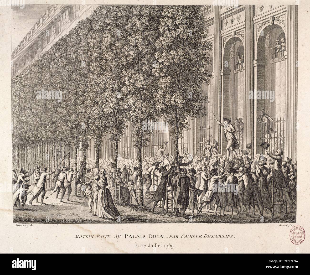 BEWEGUNG IM PALAST ROYAL VON CAMILLE DER DESMOULINS 12. Juli 1789 Pierre-Gabriel Berthault, Jean-Louis Prieur (le jeune). "Motion faite au Palais-Royal par Camille Desmoulins le 12 juillet 1789". Paris, musée Carnavalet. Stockfoto