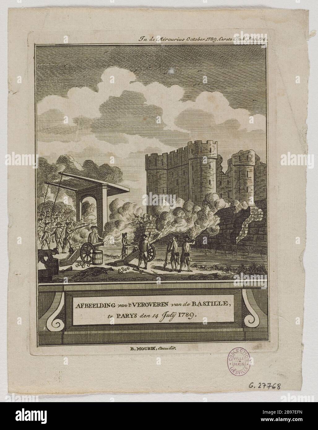 VA KEIN BILD VON DER BASTILLE, UM DIE PARYS ZU EROBERN 14. JULI 1789 'MERCURY IM OKTOBER 1789 PREIS DE LA BASTILLE 14 JUILLET 1789 B. MOURIK. "Afbeelding van't veroveren van de Bastille, te Parys den 14. juli 1789" in de Mercurius oktober 1789, Pry de la Bastille 14 juillet 1789". Eau-forte, 1789. Paris, musée Carnavalet. Stockfoto