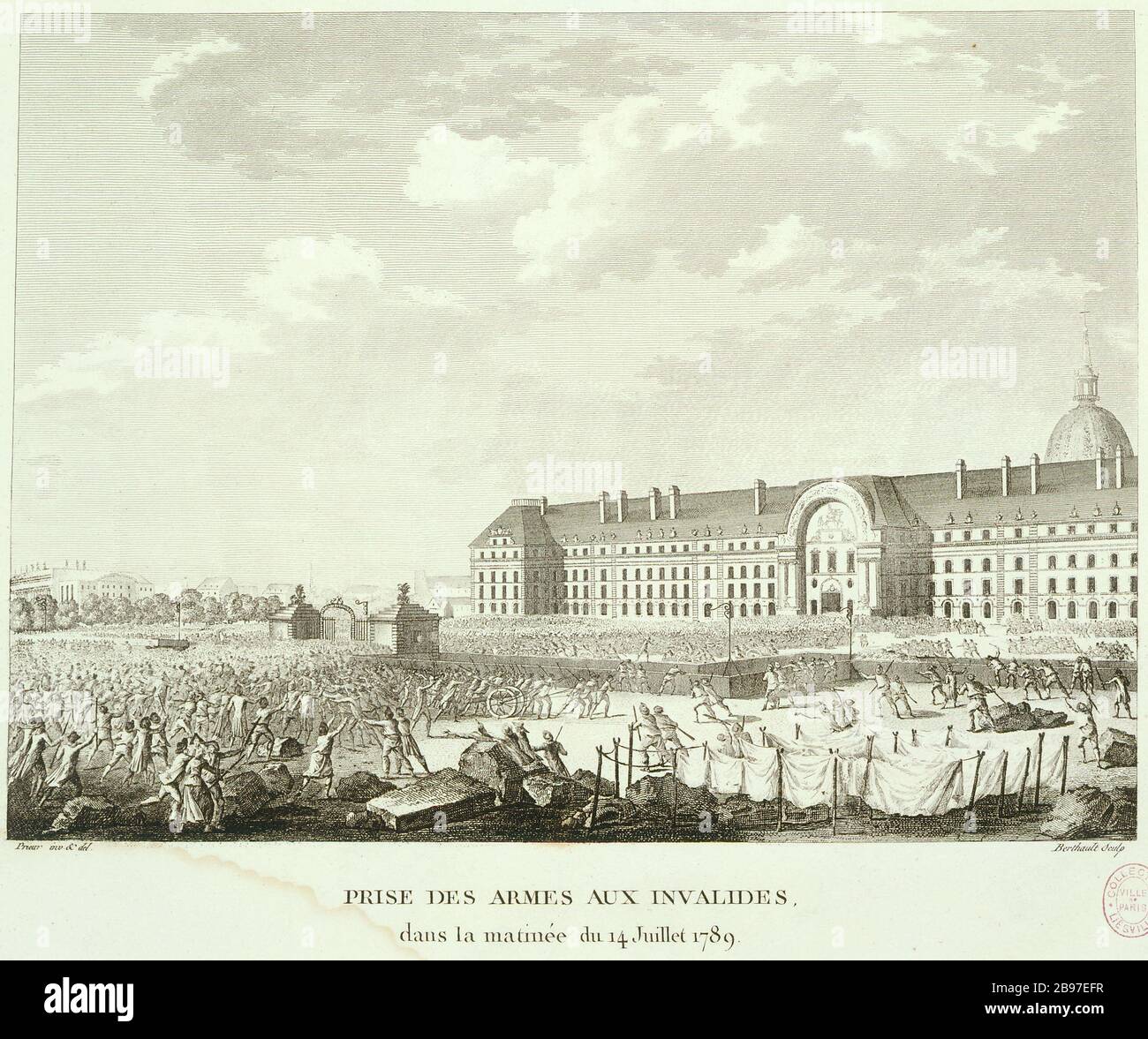 DIE EINNAHME VON WAFFEN MIT BEHINDERUNGEN, 14. Juli 1789 Pierre-Gabriel Berthault d'après Jean-Louis Prieur (le jeune). "Pry des armes aux Invalides, 14 Juillet 1789". Paris, musée Carnavalet. Stockfoto