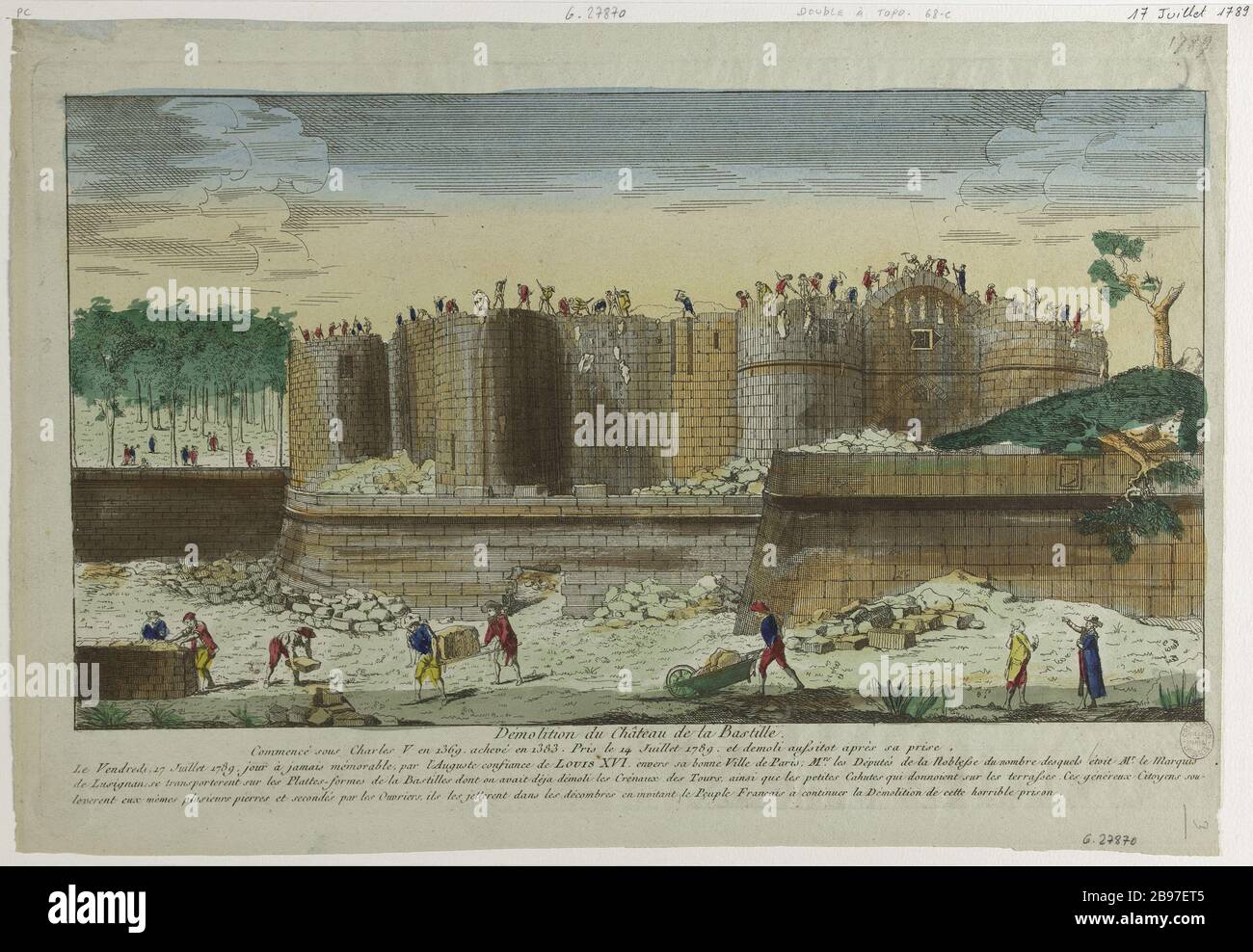 ABRISS VON SCHLOSS BASTILLE .. 'Démolition du château de la Bastille...'. Eau-forte coloriée. Paris, musée Carnavalet. Stockfoto