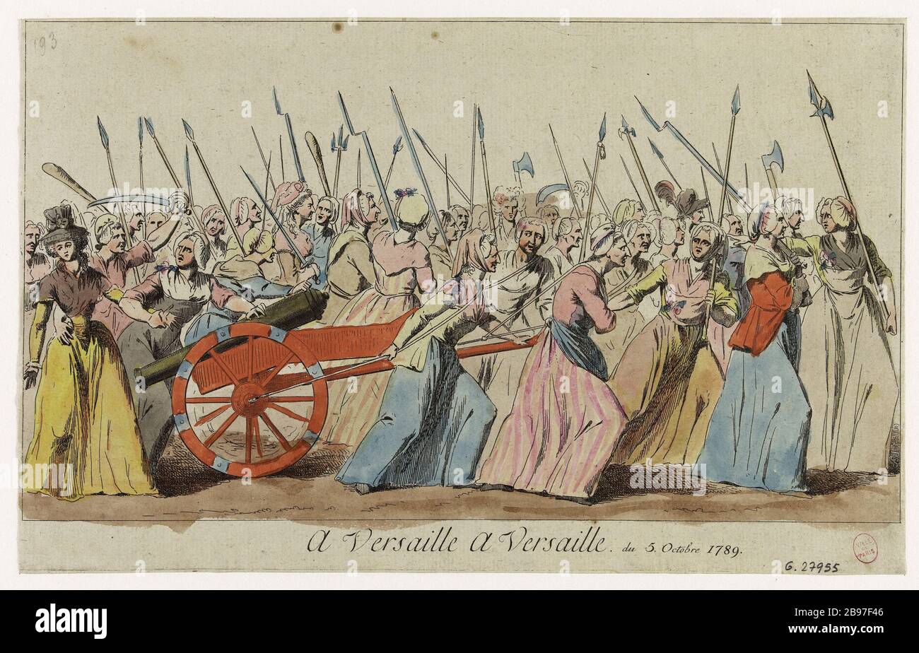 Prozession bewaffnete Dames de la Halle, am 5. Oktober 1789 nach Versailles fahren. Ereignis der französischen Revolution. cortège armé des Dames de la Halle, auf der Route pour Versailles, le 5 octobre 1789. Evénement de la Révolution française". Eau-forte coloriée. Paris, musée Carnavalet. Stockfoto