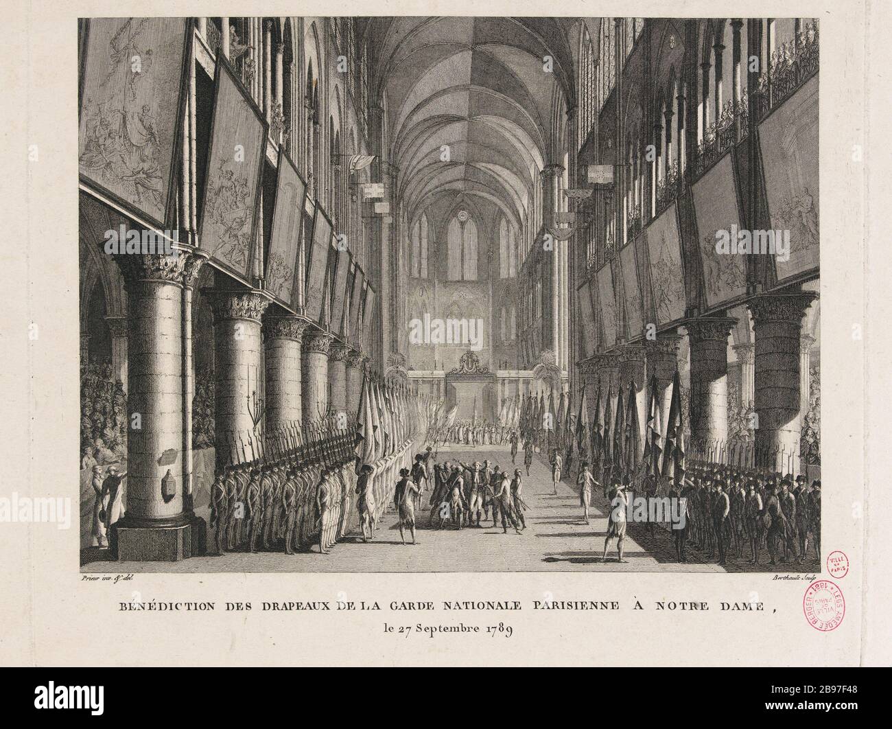 SEGEN DER FLAGGEN DER NATIONALGARDE PARIS NOTRE-DAME, 27. September 1789 Berthault d'après Prieur. "Bénediction des drapeaux de la Garde Nationale Parisienne à Notre-Dame, 27 septembre 1789". Eau-forte et burin. Paris, musée Carnavalet. Stockfoto