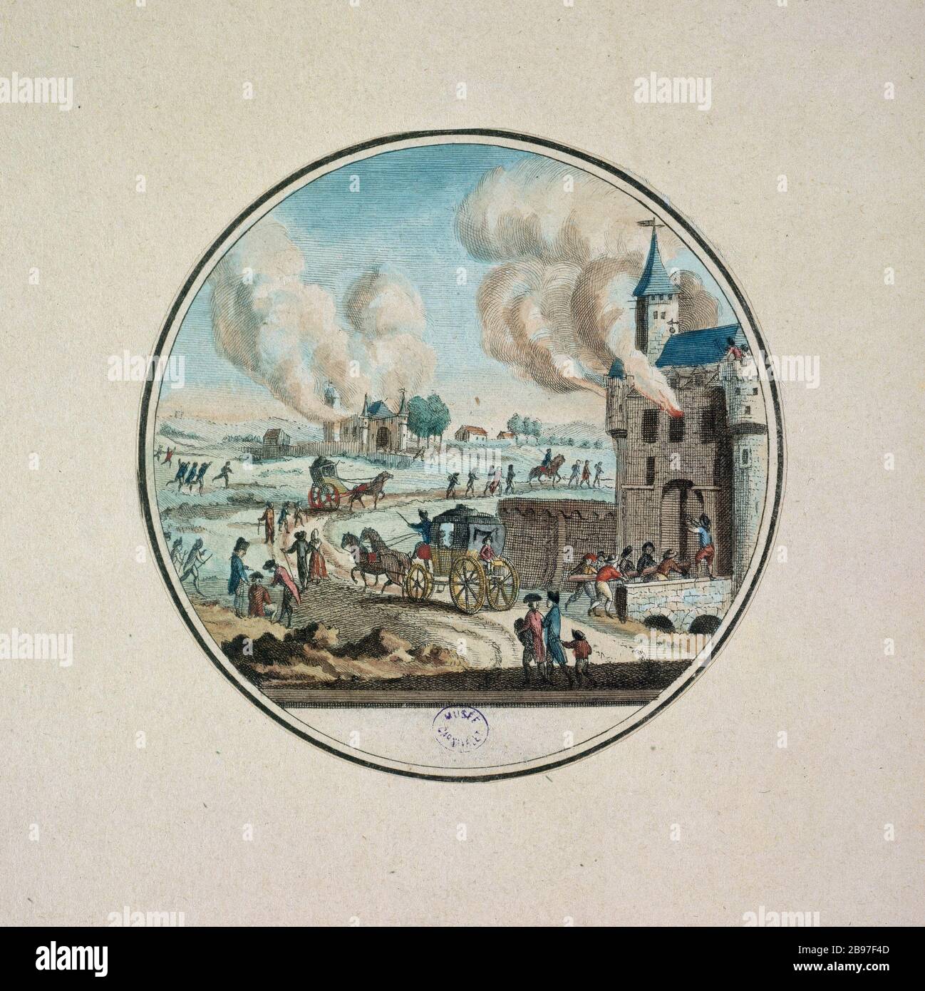 AUSWANDERUNGSFÜRSTEN VON HÖFLINGEN; BURGEN FEUERN WÄHREND DER "GROSSEN ANGST", die "Auswanderung der Fürsten, der Courtisen; châteaux incendiés", die la 'Grande Peur' andauern. Juillet-Août 1789. Estampe anonyme. Paris, musée Carnavalet. Stockfoto