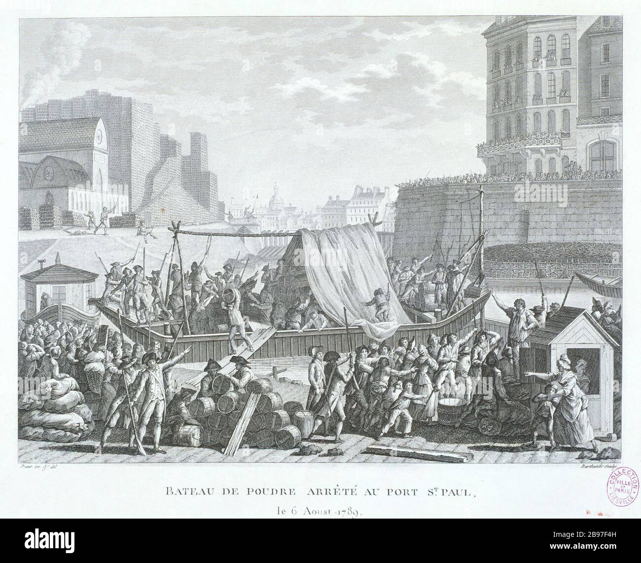 BOOTSPULVER, DAS IM HAFEN SAINT PAUL LE 6 AOUT 1789 Pierre-Gabriel Berthault d'après Jean-Louis Prieur le Jeune angenommen wurde. "Bateau de Poudre arrêté au Port Saint-Paul le 6 août 1789". Paris, musée Carnavalet. Stockfoto