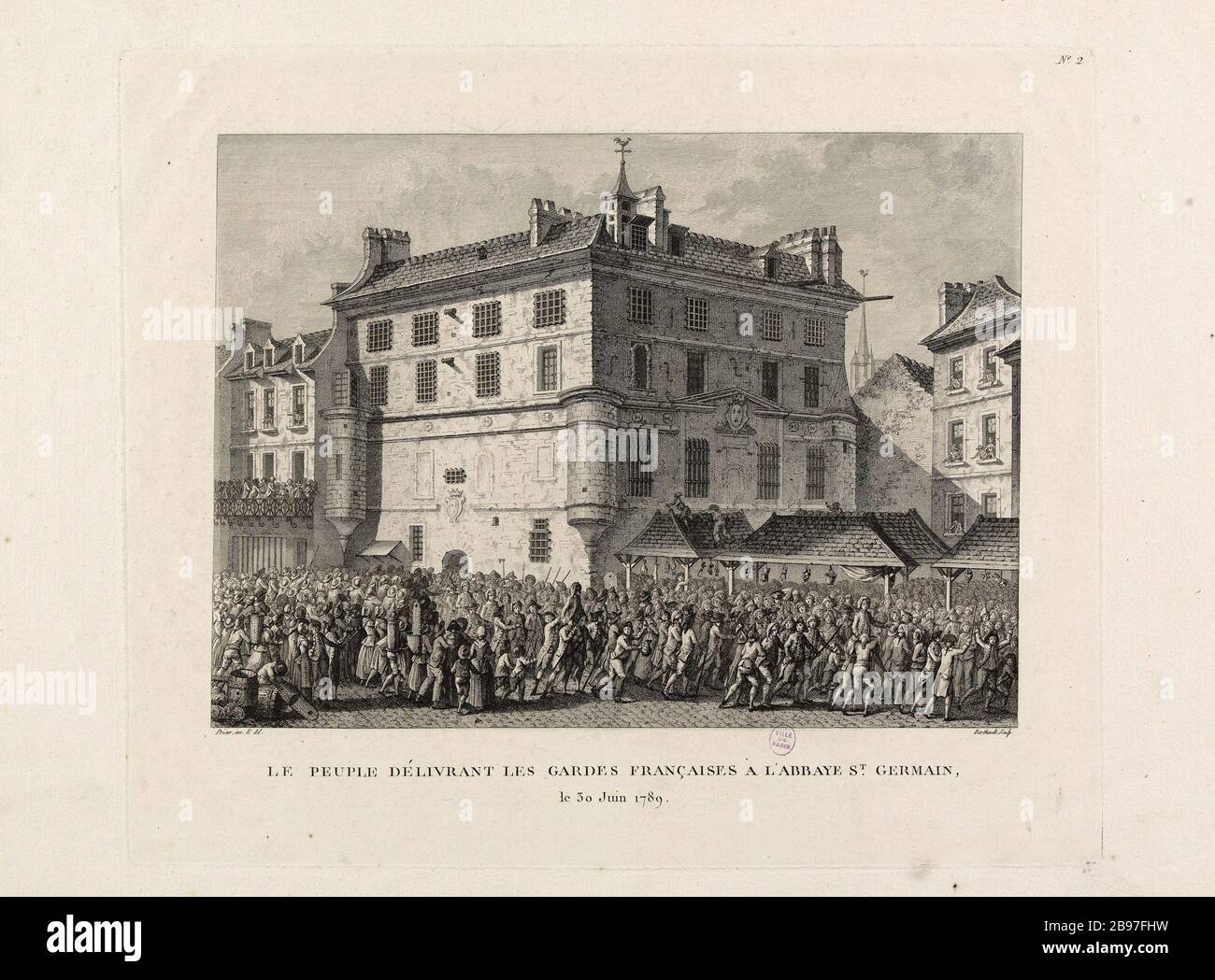 Die Personen, die die französische Garde im Gefängnis (jetzt zerstört) der Stift Saint-Germain, 30. Juni 1789 Pierre-Gabriel Berthault (1737-1831) / Jean-Louis Prieur (1759-1795), abliefern. "Le Puple délivrant les Gardes françaises détenus à la prison (aujourd'hui détruite) de l'abbaye Saint-Germain, le 30 juin 1789". Eau-forte. 1802. Paris, musée Carnavalet. Stockfoto