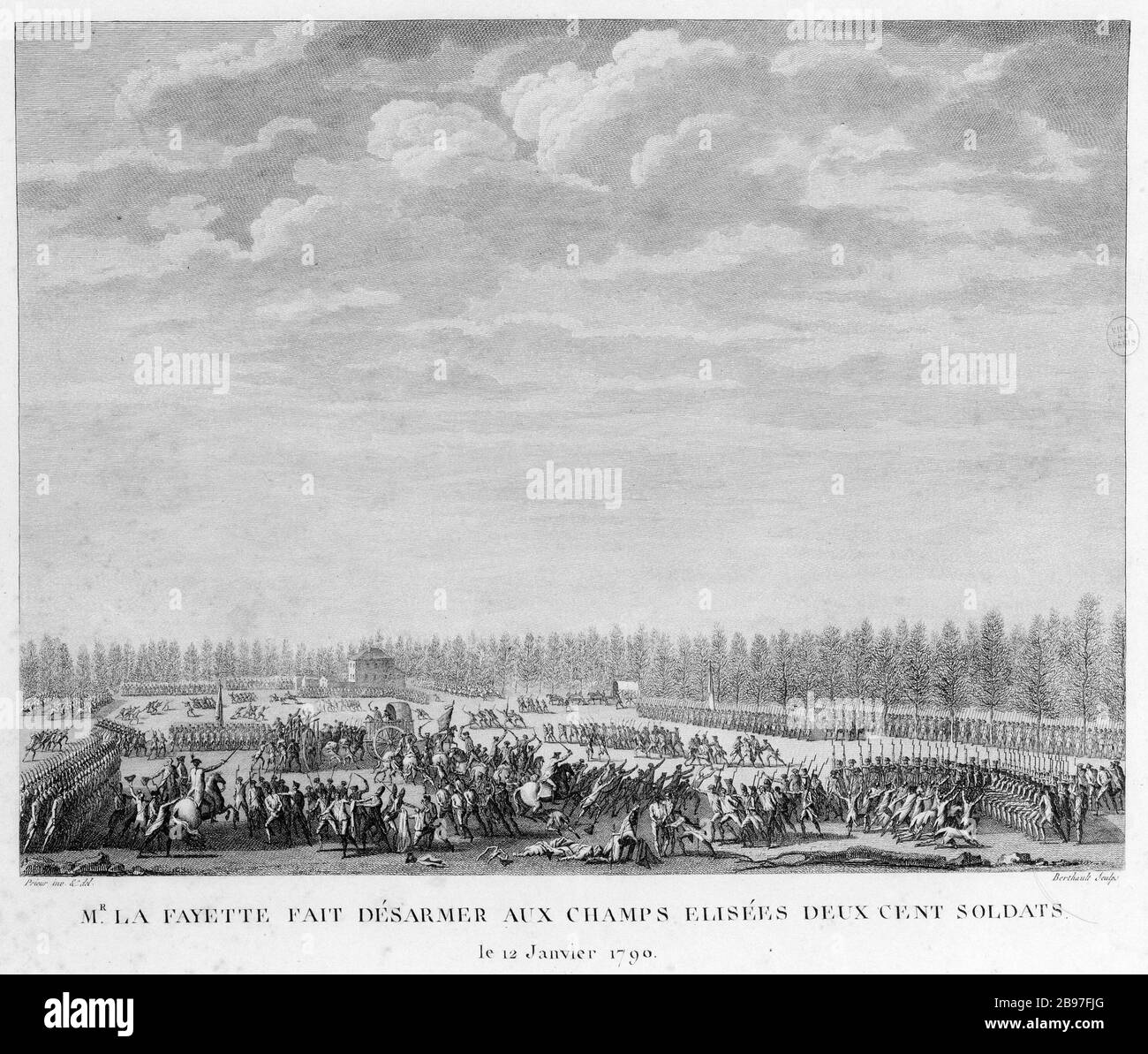SIR LA FAYETTE GETAN, UM CHAMPS-ELYSÉES ZWEIHUNDERT SOLDATEN Pierre-Gabriel Berthault et Jean-Louis Prieur le jeune zu ENTWAFFNEN. 'Onsieur La Fayette fait désarmer aux Champs-Elysées deux cents soldats le 12 janvier 1701, numéro 32'. Paris, musée Carnavalet. Stockfoto