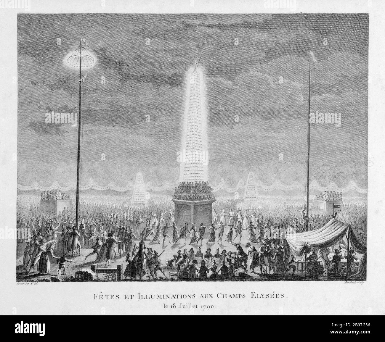 FETESET GEHT AN DIE CHAMPS-ELYEES vom 18. Juli, um das Jahr um die Uhr Pierre-Gabriel Berthault, Jean-Louis Prieur (le jeune). "fêtes et Illuminations aux Champs-Elysées, le 18 juillet, 1701, numéro 41". Paris, musée Carnavalet. Stockfoto