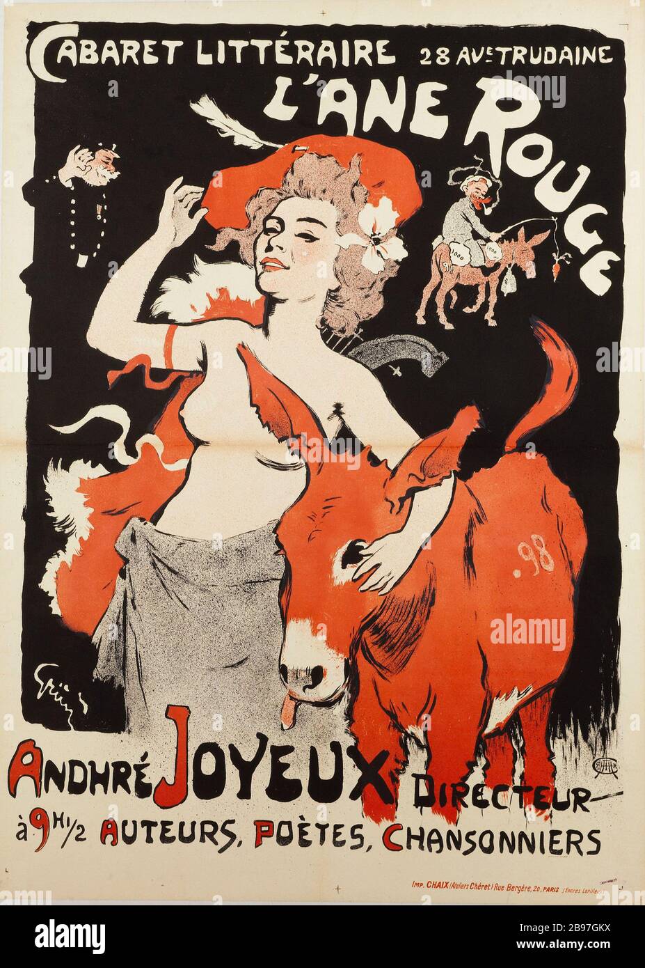 ANE ROUGE, LITERARISCHES KABARETT, 28 AVENUE TRUDAINE, Jules Alexandre Grün (28-1938). Imprimerie Chaix. L'Ane Rouge, Cabaret Littéraire, 28 Avenue Trudaine. Affiche. Lithographie couleur, 1898. Paris, musée Carnavalet. Stockfoto