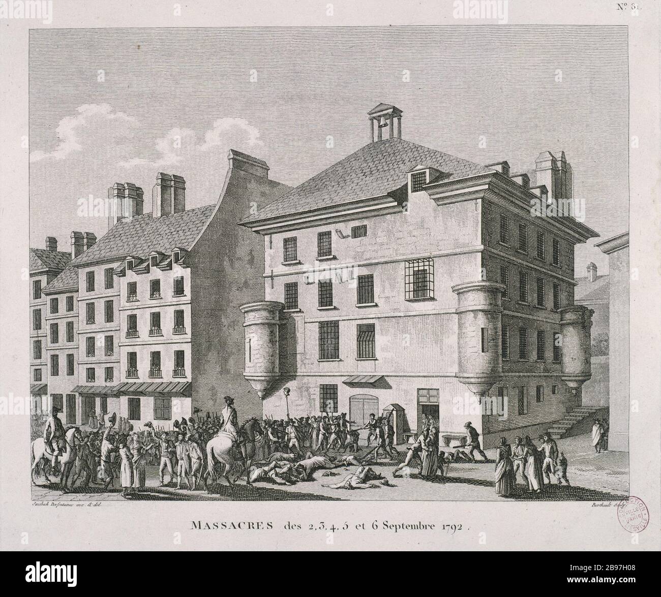 MASSAKER AM 2., 3., 4. Und 6. September des Jahres 173 Pierre-Gabriel Berthault, Jacques François Joseph Swebach-Desfontaines. 'Massacre des 2, 3, 4, 5 und 6 septembre 1.93'. Paris, musée Carnavalet. Stockfoto