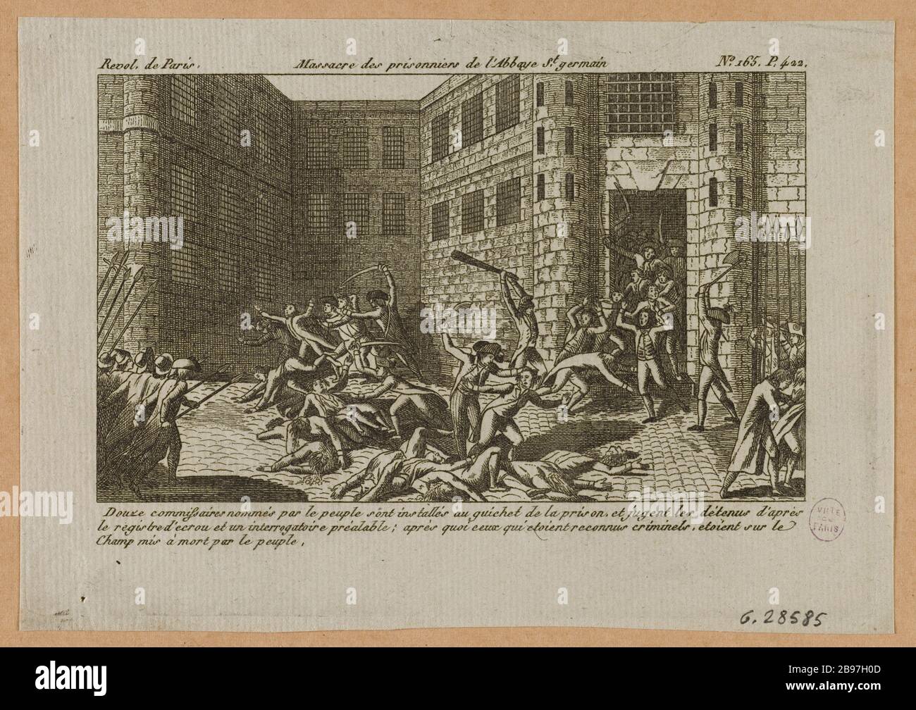 MASSAKER AN DEN GEFANGENEN DER ABTEI ST Germain; MASSAKER SEPTEMBER Sainte MARGUERITE (DERZEIT 137-166 BOULEVARD SAINT Germain) September 1792 'Massacre des prisonniers de l'abbaye Saint-Germain; Massaker de septembre, Rue Sainte-Marguerite (Actuel 137-166-Boulevard Saint-Germain), Septembre 173'. Eau-forte, 172. Paris, musée Carnavalet. Stockfoto