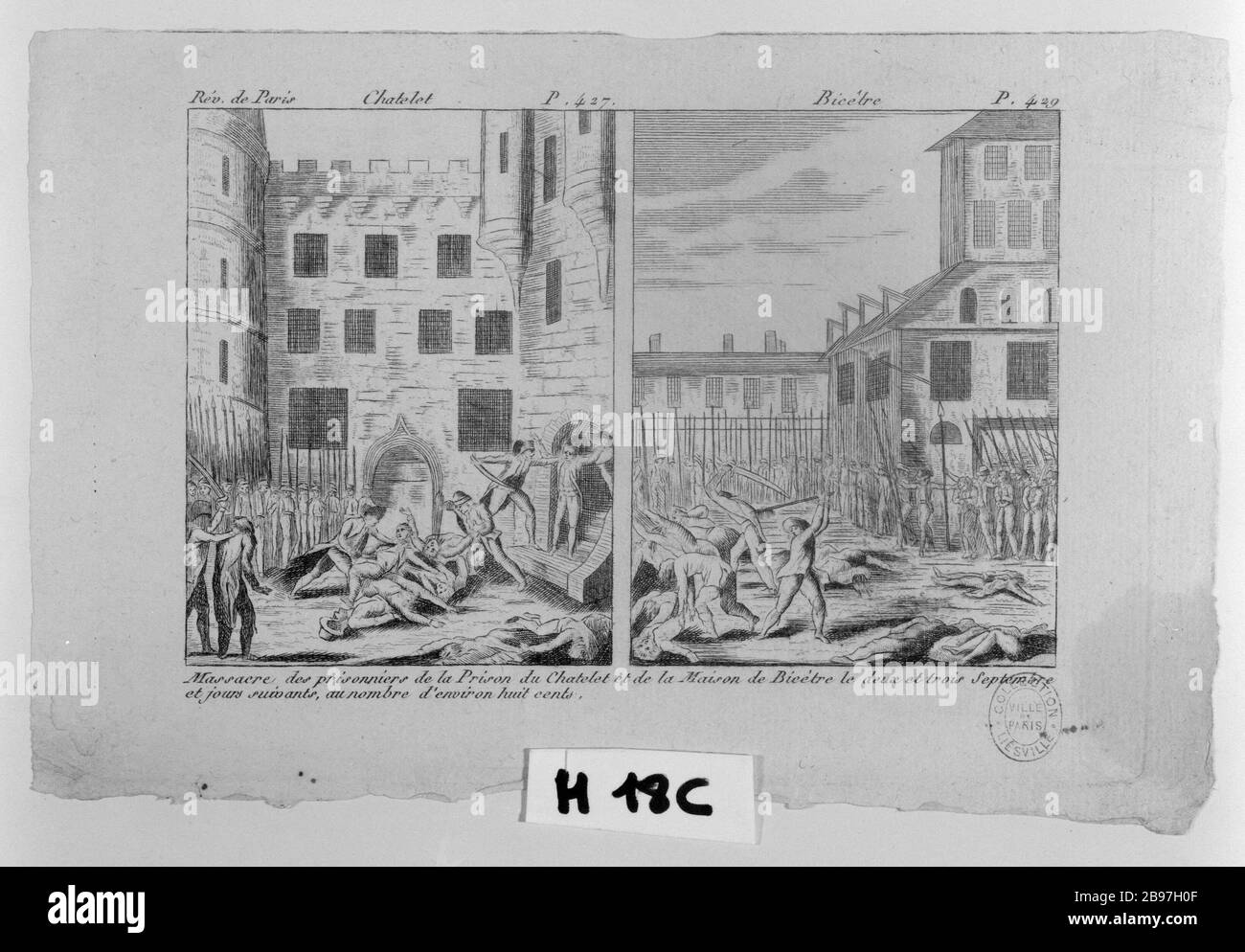 MASSAKER AM GEFÄNGNIS CHATELET UND SITZ VON BICETRE, 2. BIS 3. SEPTEMBER 1792. DER STEMPEL ZWEI TAFELN UND P.427 429 PROTOKOLL DER REVOLUTION VON PARIS 1-8 September 1792 Anonyme ( - ); Imprimerie des Révolutions de Paris ou Imprimerie de Prudhomme (1752-1830). Révolution française. Massaker à la Prison du Châtelet et à la maison de Bicêtre, les 2-3 septembre 173. Estampe en deux tableaux S.427 et 429 du Journal des Révolutions de Paris des 1-8 septembre 173. Dokument du Cabinet d'arts graphiques. Eau-forte, en 17992. Paris, musée Carnavalet. Stockfoto