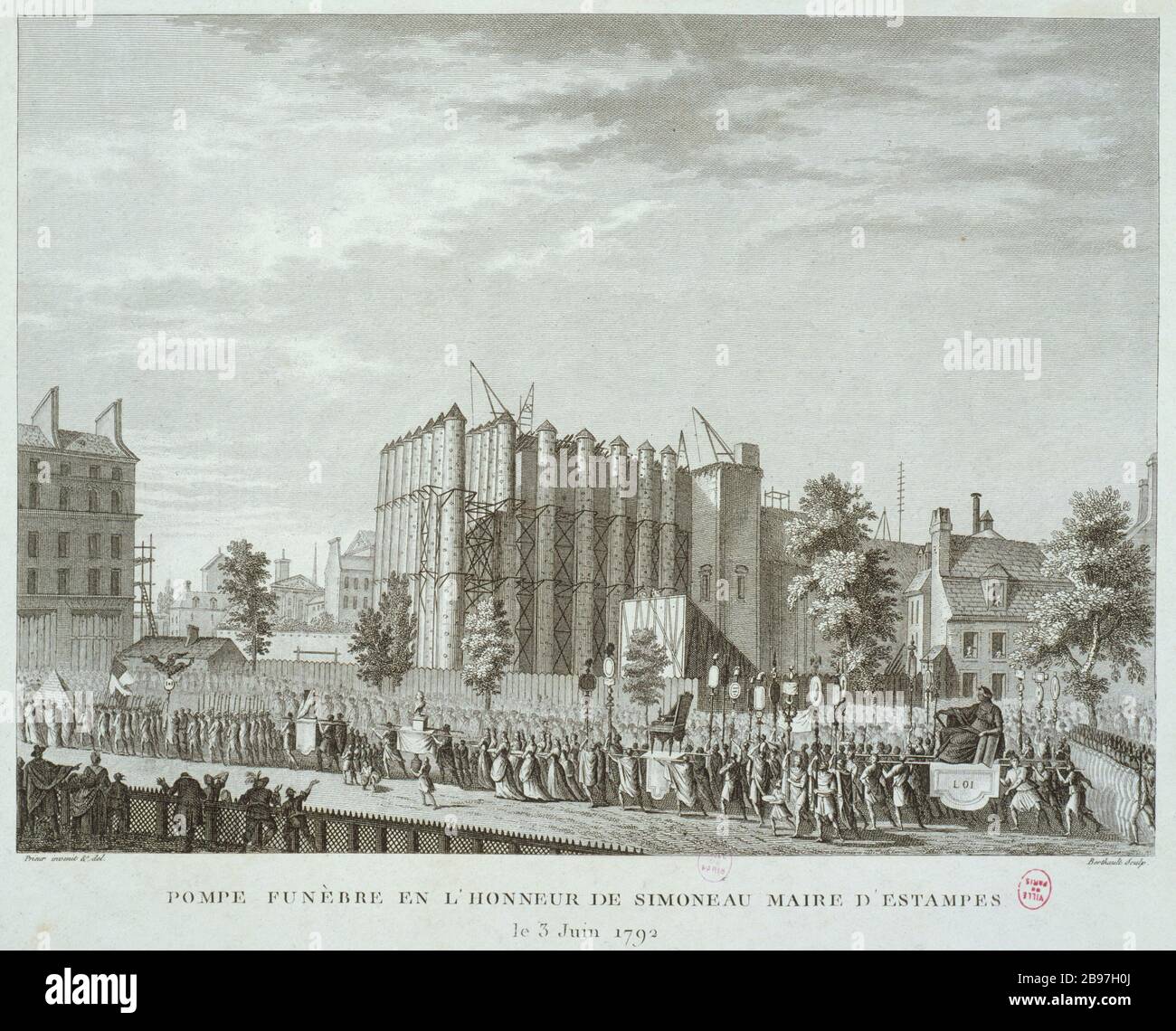 Pumpe der FUNEBRE ZU EHREN von SIMONEAU, BÜRGERMEISTER ETAMPES "Pompe funèbre en l'honeur de Simoneau, maire d'Etampes, 3 Juin, 1. Estampe de Pierre-Gabriel Berthault d'après Jean-Louis Prieur. Paris, musée Carnavalet. Stockfoto