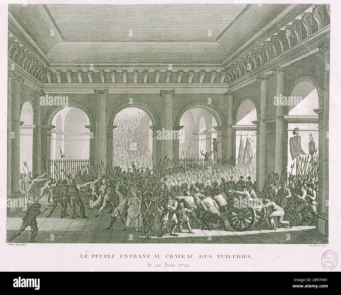 MENSCHEN, DIE DAS SCHLOSS DER TUILERIEN betreten, 20. Juni, 1792 Pierre-Gabriel Berthault, Jean-Louis Prieur (le jeune). "Le Pauple entrant au château des Tuileries le 20 juin." Paris, musée Carnavalet. Stockfoto