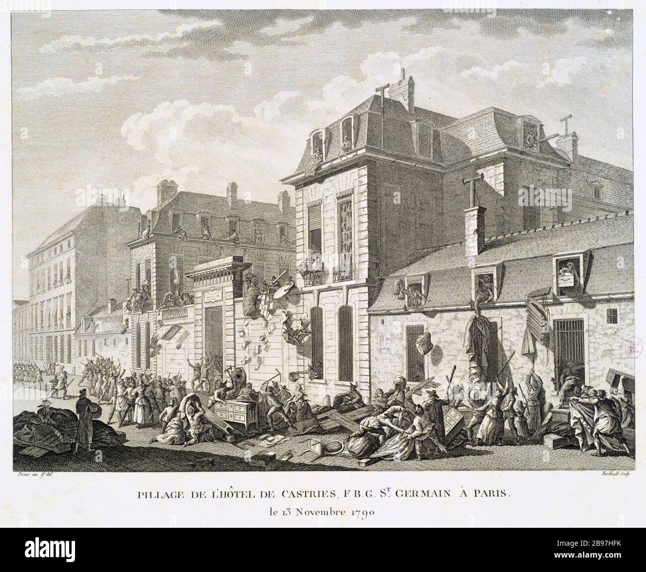 Plunder HOTEL DE CASTRIES, FAUBOURG SAINT-Germain Pierre-Gabriel Berthault/Jean-Louis Prieur le Jeune. "Pranger de l'hôtel de Castries, faubourg Saint-Germain le 13 novembre, 1701". Paris, musée Carnavalet. Stockfoto