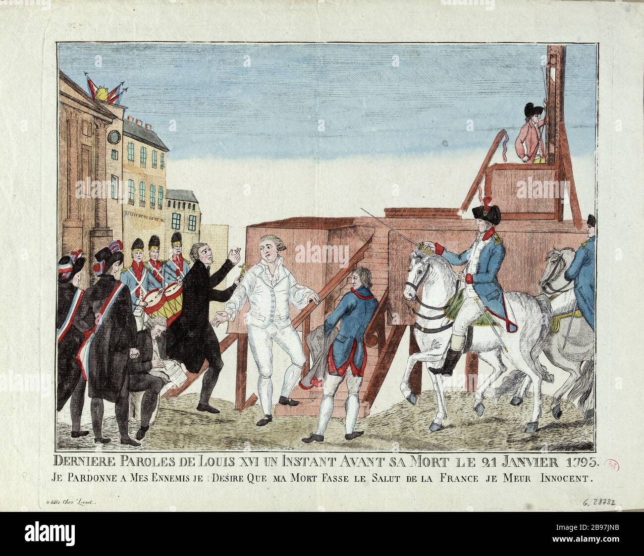 Neueste Louis XVI Worte für einen Moment vor seinem Tod 'Dernières paroles de Louis XVI, un Instant avant sa mort'. Eau-forte coloriée anonyme. Paris, musée Carnavalet. Stockfoto