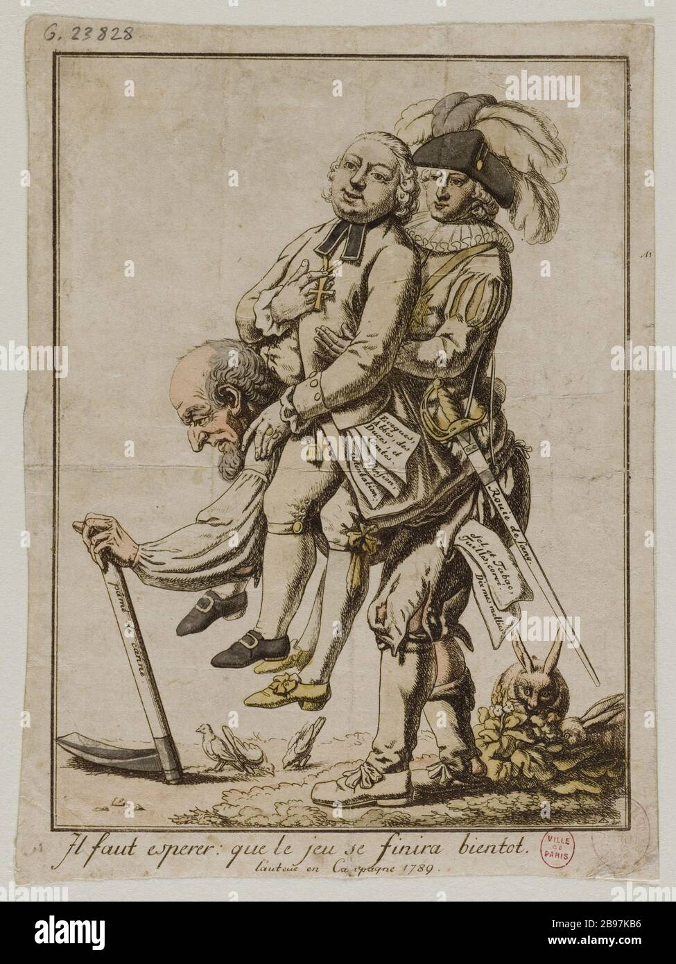 SOLLTE HOFFEN, DASS DAS SPIEL BALD beendet wird SE; CARTOON AUF DREI EBENEN: DER DRITTE STAAT ÜBER SEINEN RÜCKEN DER GEISTLICHE UND EDLE - 1789 "Il faut espérer que le jeu se finira bientôt; Karikatur sur les Trois ordres: le Tiers-Etat portant sur son dos le Clergé et la Noblesse - 1789'. Eau-forte coloriée, 1789. Paris, musée Carnavalet. Stockfoto