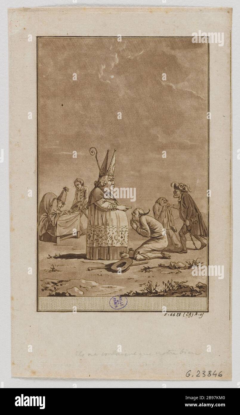 SIE WÜNSCHTEN UNS UNSEREN BRUNNEN; BAUER, DER VON EINEM BISCHOF GESEGNET WURDE, DER VON EINEM NOBLEN UND BEZAHLTEN STEUERBESCHEID AN DIE SEKRETÄRIN 'STORIES OF CARTOONS OF THE FRENCH REVOLUTION' VON NIMES BOYER VON BAND 1 S. 67 ANONYME (OUVRAGE DE BOYER DE NÎMES) ÜBERGEBEN WURDE. "ILS ne vouloient que notre bien; paysan béni par un évêque soumis par un noble et payant l'impôt à un greffier 'Histoires des caricatures de la Révolution française' de Boyer de Nîmes tome 1 S. 67'. Aquatinte, 1789. Paris, musée Carnavalet. Stockfoto