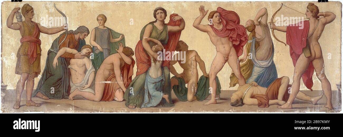 APOLLO UND DIANE NIOBIDES Sébastien Cornu (1804-1870). "Apollon, Diane et les Niobides". Paris, musée Carnavalet. Stockfoto