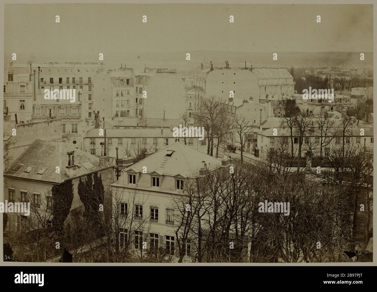 FRANCO-DEUTSCHER KRIEG 1870. DETAILPANORAMA DER VERTEIDIGUNGSARBEIT PARIS VON DER STERNWARTE DES SCHLOSSES DER MUTE, BÜRO PARKWAY UND PLANTAGE VON PASSY, 16. BEZIRK VOM 24. BIS 26. NOVEMBER 1870. Guerre franco-allemande de 1870. Détail du Panorama des travaux de défense de Paris pris de l'observatoire du château de la Muette, Bureau des promenades et des Plantations de Passy, Paris (XVIème arr.), du 24 au 26 novembre 1870. Photographie anonyme. Paris, musée Carnavalet. Stockfoto