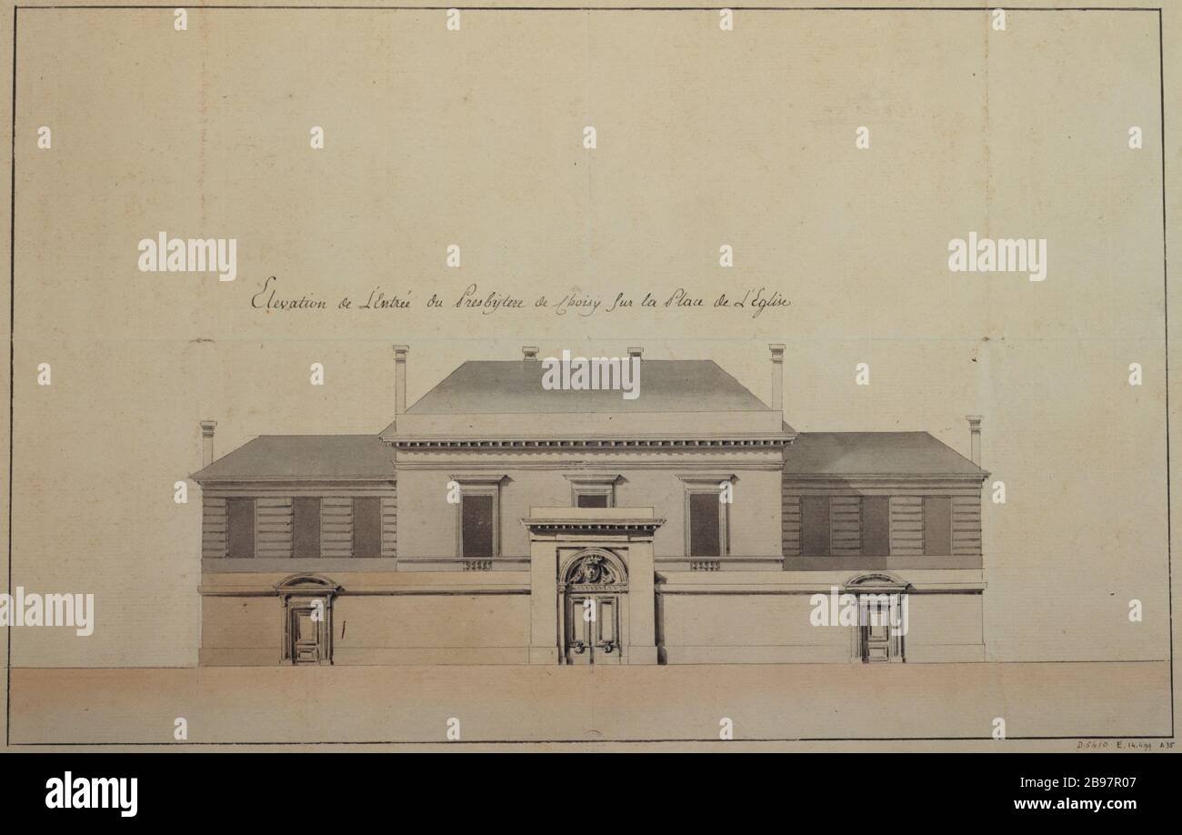 Erhöhung des Eingangs zum Presbyterium de Choisy auf dem Place de L'Eglise Ange-Jacques Gabriel (1698-17892). Elévation de l'entrée du Presbytère de Choisy sur la Place de l'église. Plume et lavis d'encre. Entre 1698 und 17814. Paris, musée Carnavalet. Stockfoto
