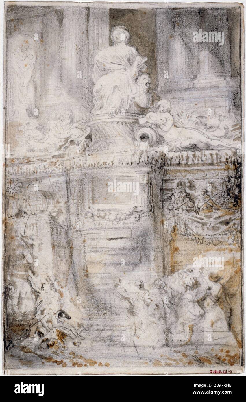 Einweihung des Brunnens der vier Jahreszeiten, rue de Grenelle Gabriel de Saint-Aubin (1724-1780). "Inauguration de la fontaine des Quatre Saisons, rue de Grenelle". Paris, musée Carnavalet. Stockfoto