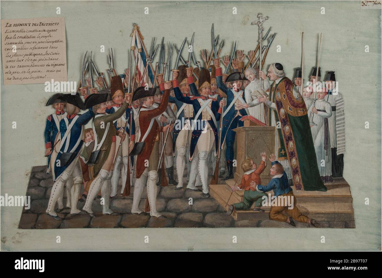 Der Eid der Pariser Bezirke, Februar 1790 Jean-Baptiste Lesueur (1749-1826). "Le serment des districts parisiens, février 17790". Gouache sur carton découpé collé sur une feuille de papier lavée de bleu. Paris, musée Carnavalet. Stockfoto