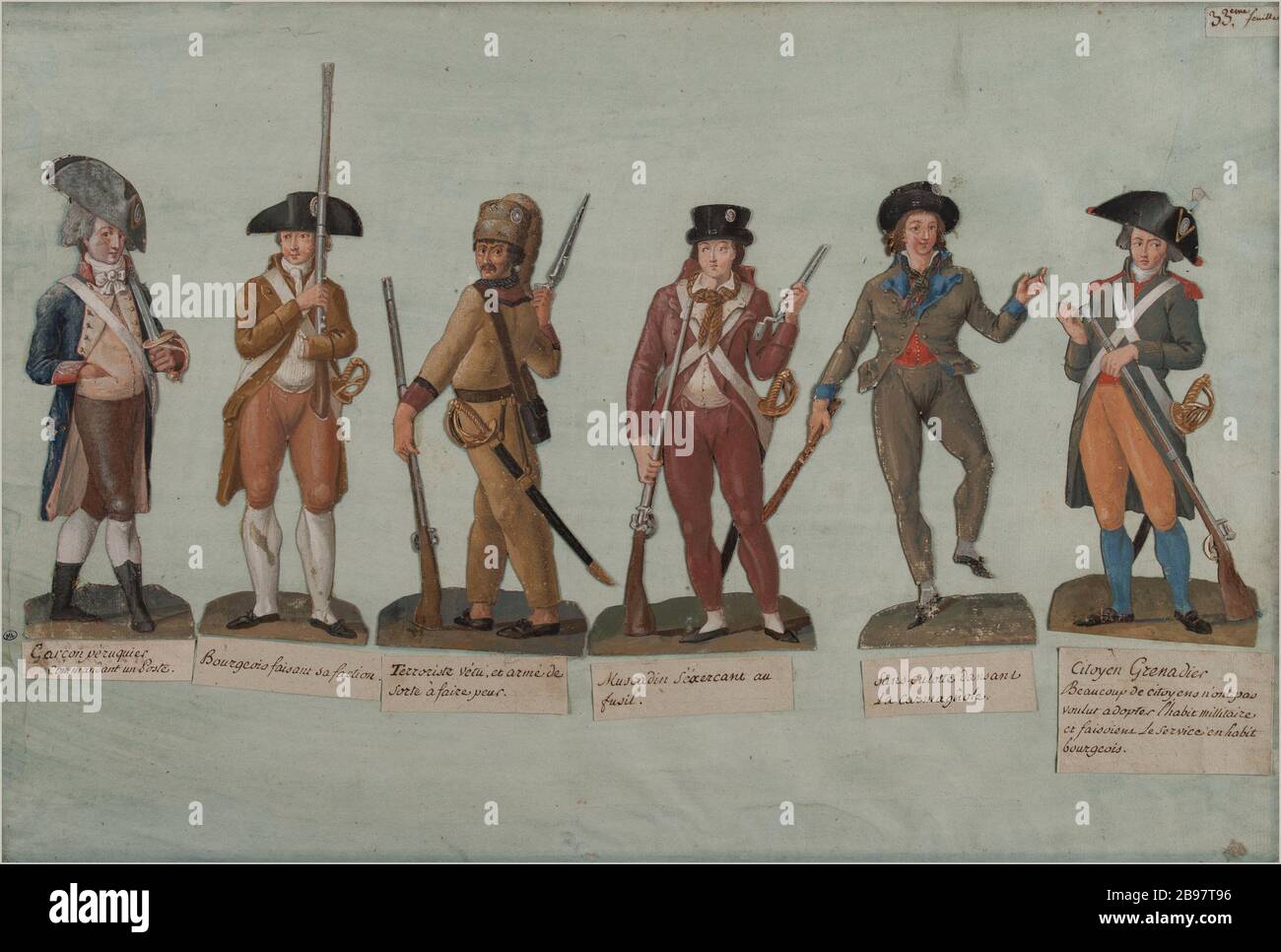 SANs: Kulotte in Waffen. Jean-Baptiste Lesueur (1749-1826). 'Sans-culottes en armes'. Gouache sur carton découpé collé sur une feuille de papier lavée de bleu. Paris, musée Carnavalet. Stockfoto