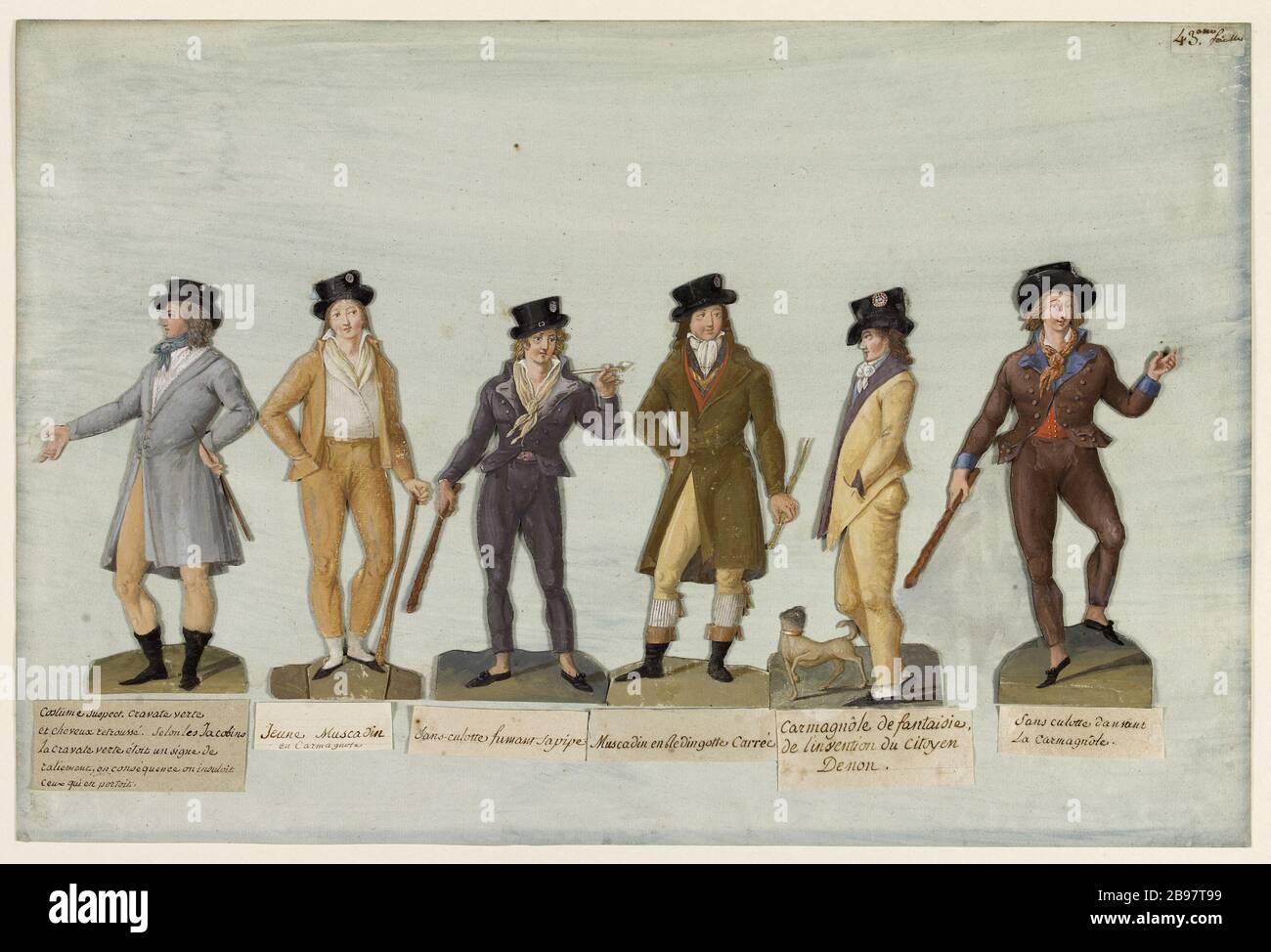Sechs Herrenanzüge 'suspect costüm', 'grüne Krawatte und Haare aufgerollt', 'junge Dandy', 'Sans-culotte raucht seine Pfeife,' 'andy in frock Square', 'Fancy Bluse', 'Tanzsculotte der Karmagnole Jean-Baptiste Lesueur (1749-1826). "Sechs Kostüme maskulins: "Kostümverdächtige", "cravate verte et cheveux retroussés", "jeune muscadin", "ans-culotte fumant sa pipe", "Muscadin en redingote carrée", "carmagnole de fantaisie", "ans-culotte dansant la carmagnole". Gouache découpée collée sur papier blauté. Paris, musée Carnavalet. Stockfoto