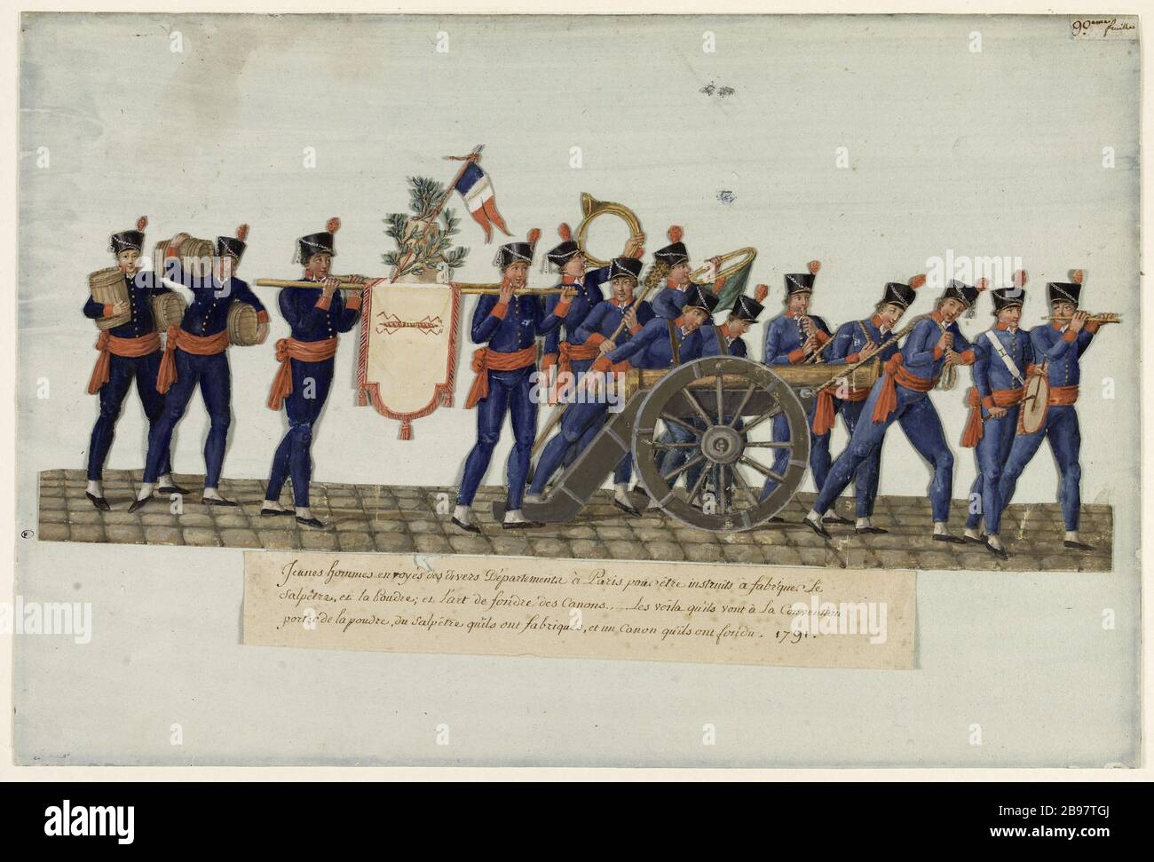 Delegation von Waffenschmieden aus verschiedenen Abteilungen, die anlässlich des Saltpeter-Tages, Paris, am 20. März 1744 Jean-Baptiste Lesueur (1749-1826), zum Konvent gingen. "Délégation d'Aspirants armuriers de divers départements, se rendant à la Convention à l'anque de la fête du Salpêtre, Paris, le 20 mars 1708". Gouache sur carton découpé collé sur une feuille de papier lavée de bleu. Paris, musée Carnavalet. Stockfoto