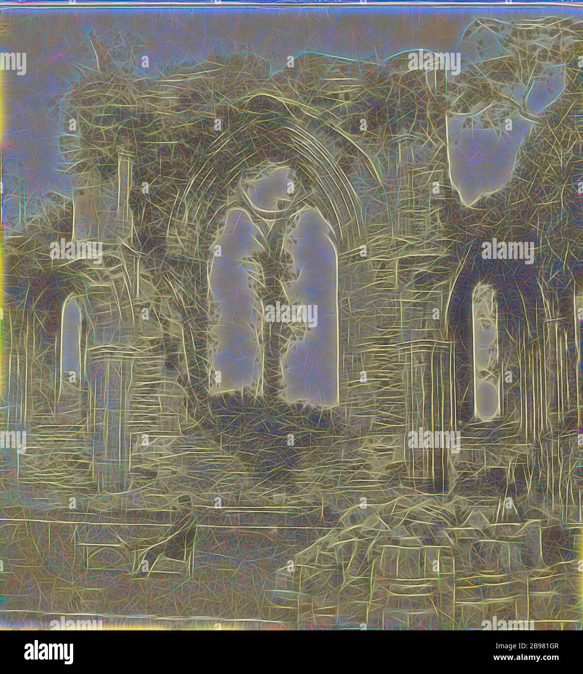 Netley Abbey - Ostfenster, S. J. Wiseman (britisch, aktiv Southampton, England 1860er), um 1863, Albumen Silberdruck, neu gestaltet von Gibon, Design von warmen fröhlich glühenden Helligkeit und Lichtstrahlen Ausstrahlung. Klassische Kunst neu erfunden mit einem modernen Twist. Fotografie inspiriert von Futurismus, umarmt dynamische Energie der modernen Technologie, Bewegung, Geschwindigkeit und Kultur revolutionieren. Stockfoto