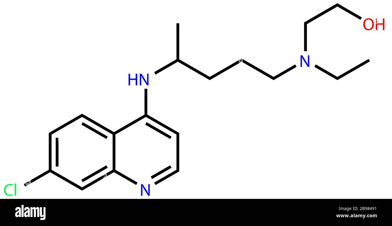Strukturformel von Hydroxychloroquin, einem gegen das Coronavirus COVID-19 und Malaria aktiven Stoff Stockfoto