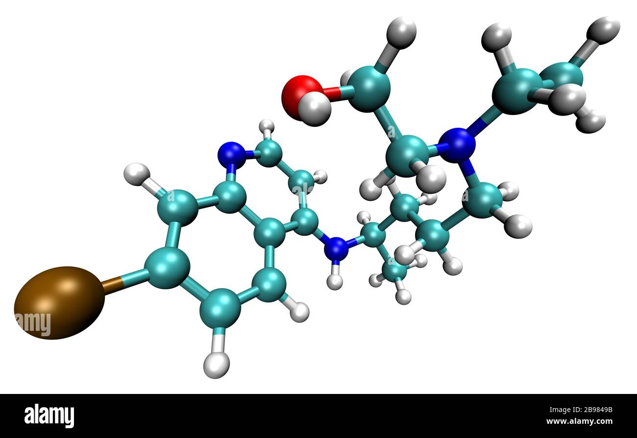 3D-Struktur von Hydroxychloroquin, einem gegen das COVID-19-Coronavirus und Malaria aktiven Stoff Stockfoto