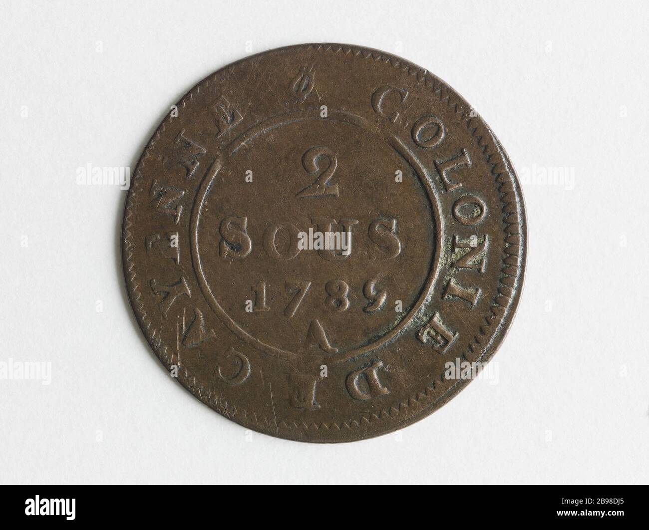 Zwei Untercayenne Louis XVI Colony, 1789 Jean II Dupeyron de la Coste. Deux sous de Cayenne, colonie de Louis XVI, 1789. Billon, 1789. Musée Carnavalet, Histoire de Paris. Stockfoto