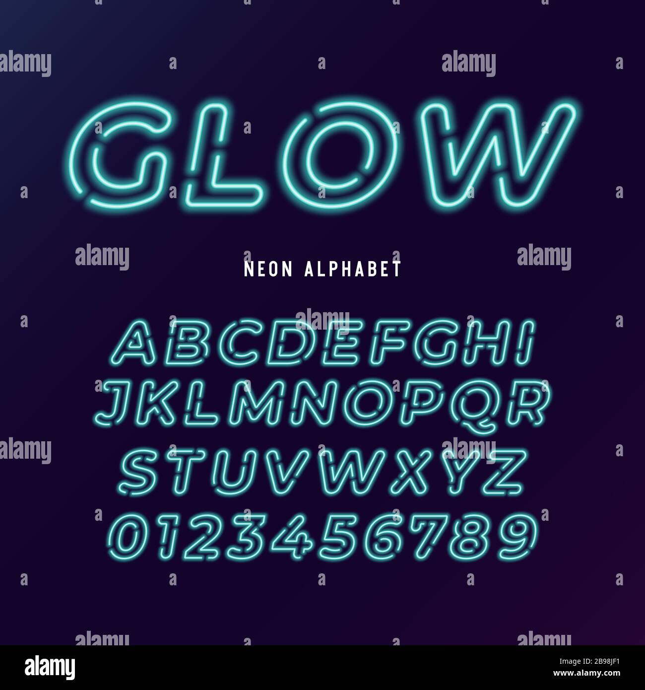 Neon Licht moderne Schrift. Vektor-Alphabet. Neonröhrchen Buchstaben und Zahlen auf dunklem Hintergrund. Stock Vektor