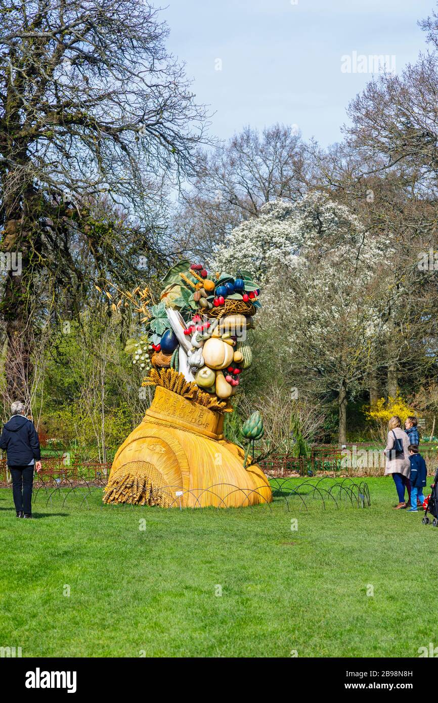 Ungewöhnliche Skulptur des Künstlers Philip Haas: Ein Kopf aus einer Sammlung von Gemüse, ausgestellt im RHS Garden, Wisley, Surrey Stockfoto