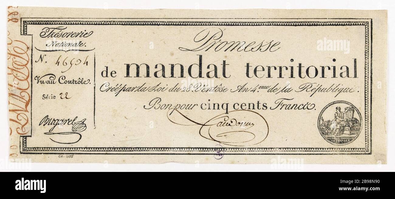 Mandats Territoriaux. Gut für 500er, 22 Serien - Nr. 46534, 28 Ventose Jahr 4. Gatteaux, Nicolas Marie (1751-32). Promesse de mandat Territorial. Bon pour 500 Francs, série 22 - Nr. 46534, 28 Ventôse an 4. Typographie, encre bleue et encre rouge. Paris, musée Carnavalet. Stockfoto