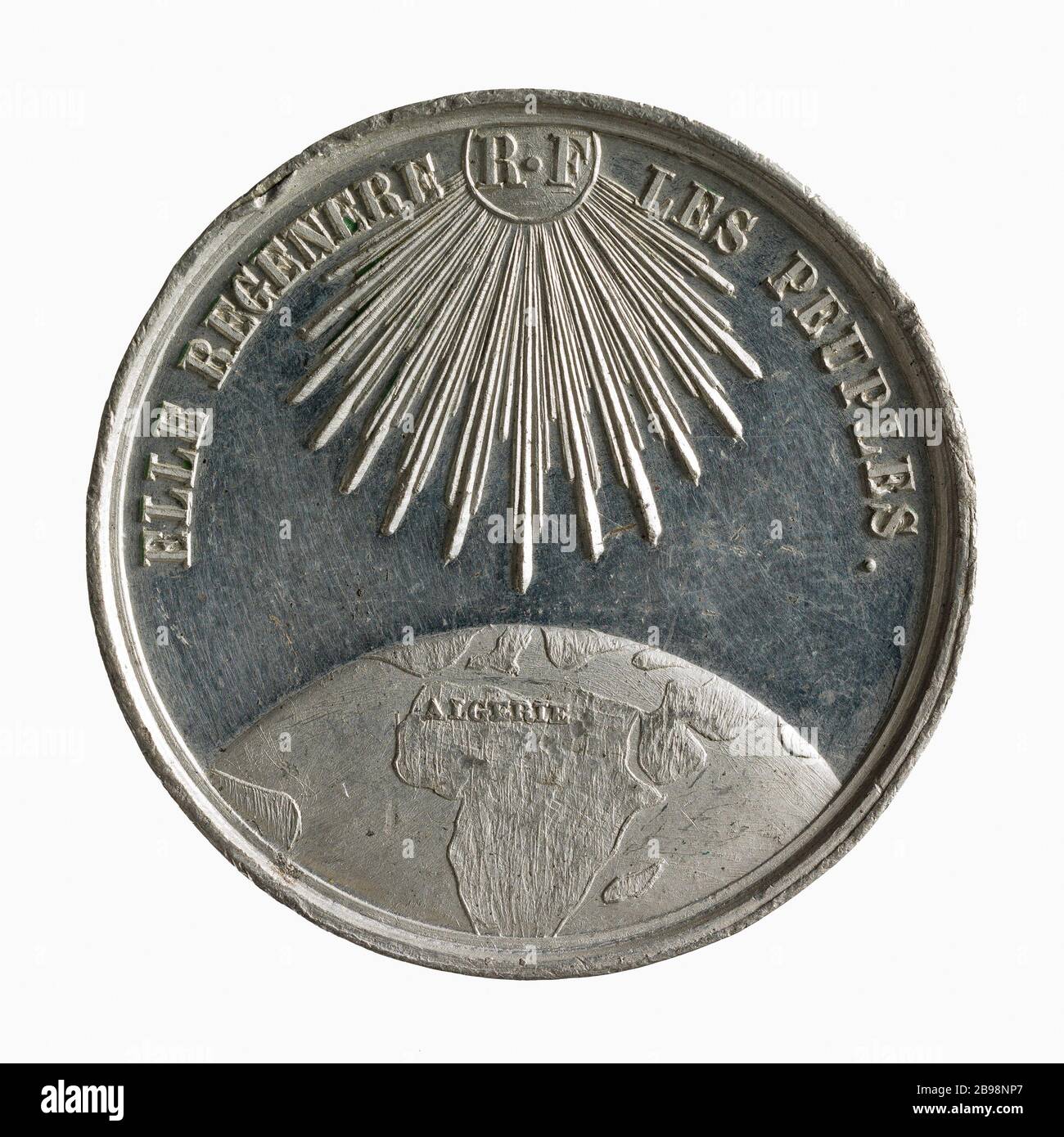 Abfahrt der Lyoner Siedlerinnen in Algerien, 28. März 1849 (Dummy-Titel) Médaille sur le départ des Collons lyonnais pour l'Algérie, 28. mars 1849. Cuivre blanc. Après 1849. Paris, musée Carnavalet. Stockfoto
