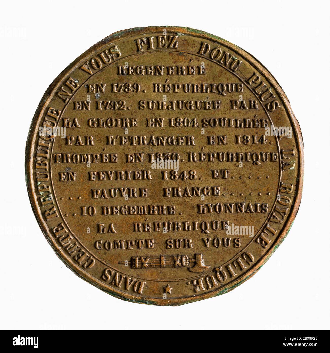 Aufruf zu einer Abstimmung gegen Louis Napoleon Bonaparte bei den Präsidentschaftswahlen, 10. Dezember 1848 (Dummy-Titel) Appel à Wähler contre Louis-Napoléon Bonaparte aux élektions présidentielles, 10 décembre 1848. Etain en 1848-12-1848-12. Paris, musée Carnavalet. Stockfoto
