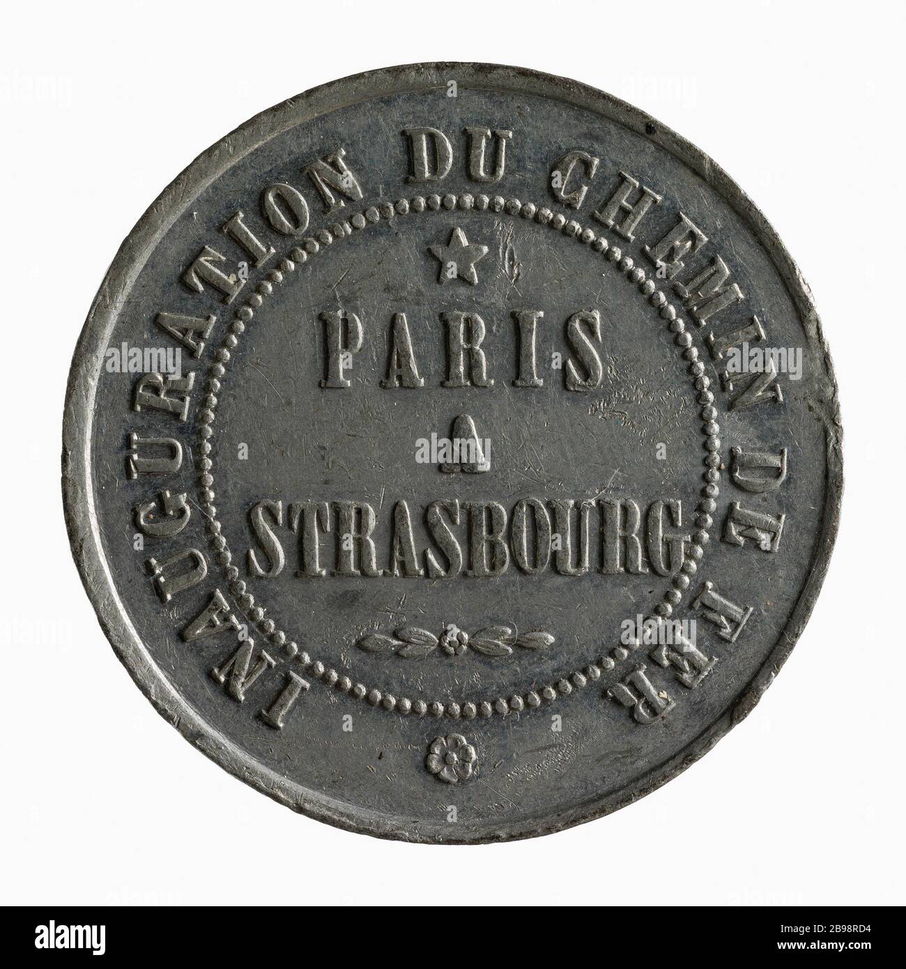 Einweihung der Eisenbahn Paris nach Straßburg in Anwesenheit von Prinz Louis Napoleon, 18.-19. Juli 1852 '(Einschreiben)) Einweihung des chemin de fer Paris à Strasbourg en présence du Prince Louis-Napoléon, 18.-19. Juillet, im Jahre 1852. Cuivre blanc, 1852. Paris, musée Carnavalet. Stockfoto