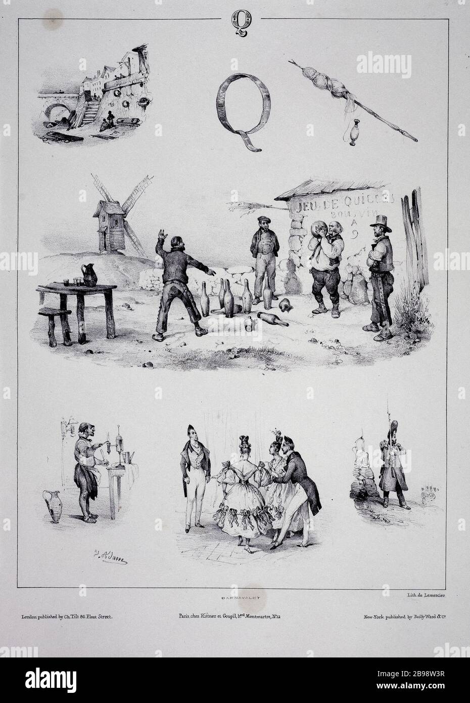 BRIEF Q - NEU IN ABECEDAIRE ENIGMES Jean-Victor Adam, dit Victor Adam (1801-1866) /Henri Rittner (1802-1840)/Adolphe Goupil (1806-1893)/Joseph Lemercier (1801-1887)/Charles Tilt ou Thilt/Bailly-Ward et Cie. Lettre Q; "Nouvel abécédaire en énigmes". Abécédaire. Lithographie, en 1834. Paris, musée Carnavalet. Stockfoto