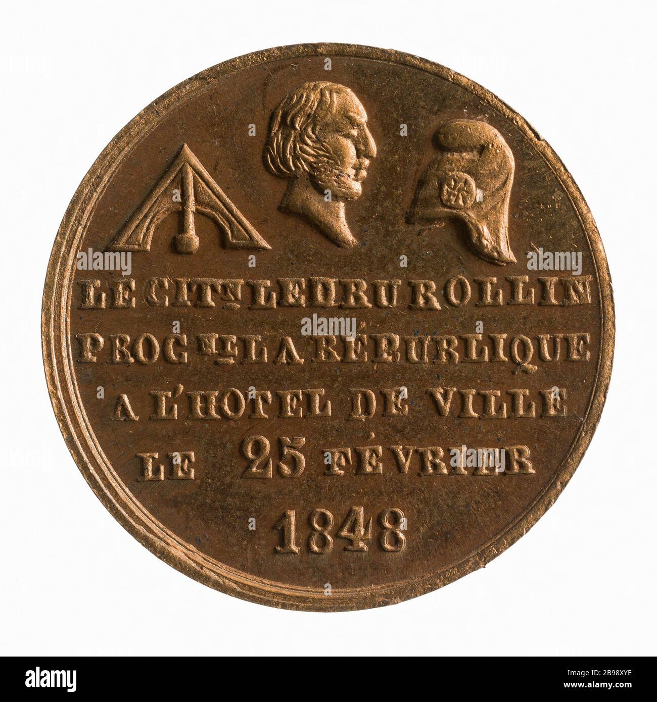 Ausrufung der zweiten Republik im Rathaus durch Alexander Ledru-Rollin (1807-1874), 25. Februar 1848; Würdigung der Niederschlagung des Aufstands vom 13. Juni 1849 durch Louis Napoleon Bonaparte (1808-1873) (Dummy-Titel) Médaille repreprésentant la Proklamation de la IIe République à l'Hôtel de Ville par Alexandre Ledru-Rollin (1807-1874), 25 février 1848; Hommage à la Répression de l'insurrection du 13 juin 1849 par Louis Napoléon Bonaparte (1808-1873). Laiton, 1849. Paris, musée Carnavalet. Stockfoto