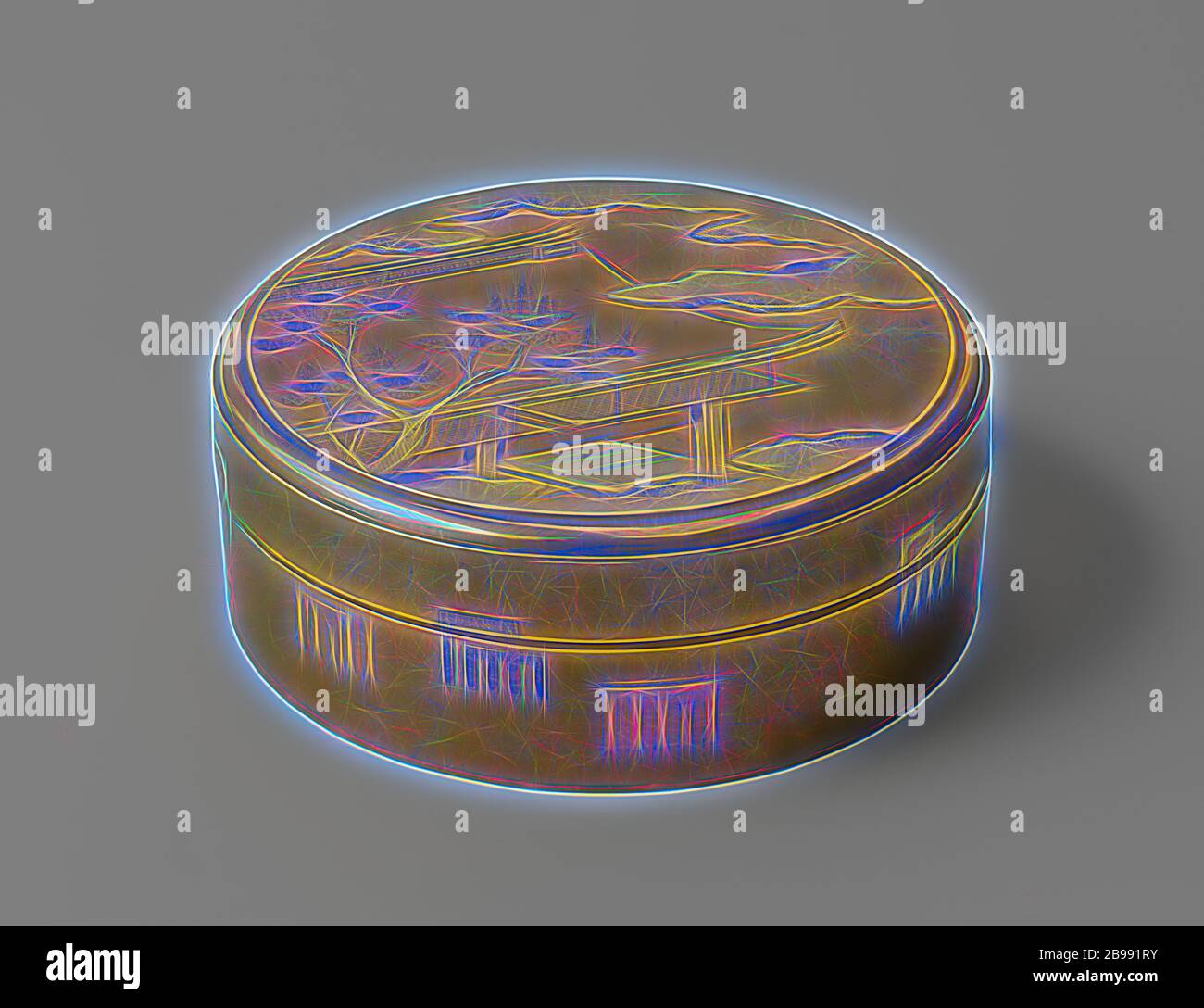 Runde Box mit acht kleinen runden Boxen, Runde Box mit acht kleinen runden Boxen. Auf dem Deckel eine Darstellung eines Tempelgebäudes mit Bäumen und Wolken in Gold und Silber. Ein separates Blatt mit einer Uferlandschaft zwischen Deckel und Kiste., anonym, Japan, 1800 - 1900, Edo-Periode (1600-1868) / Meiji-Periode (1868-1912), Holz (Pflanzenmaterial), Lack (Beschichtung), H 4.8 cm × d 11.4 cm, neu gestaltet von Gibon, Design von warmen fröhlichen Leuchten von Helligkeit und Lichtstrahlen Ausstrahlung. Klassische Kunst neu erfunden mit einem modernen Twist. Fotografie inspiriert von Futurismus, umarmt dynamische Energie von m Stockfoto